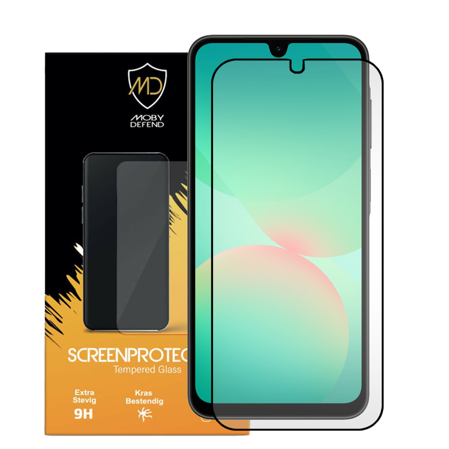 Smartphone met schermbeschermer, verpakking op de achtergrond. Witte achtergrond.