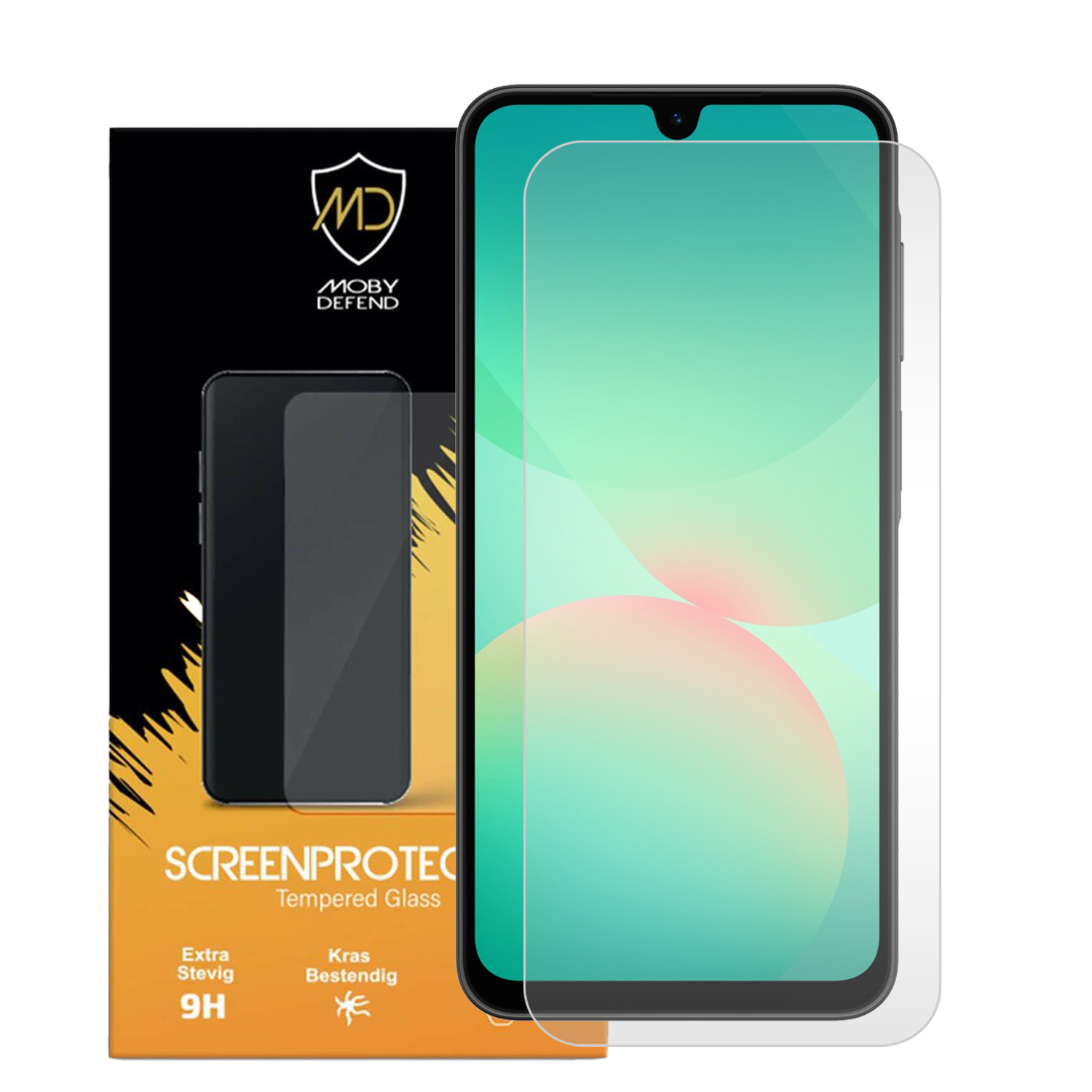 Telefoon met schermbeschermer en een doos met schermbeschermer. Het heeft het MobyDefend-logo.