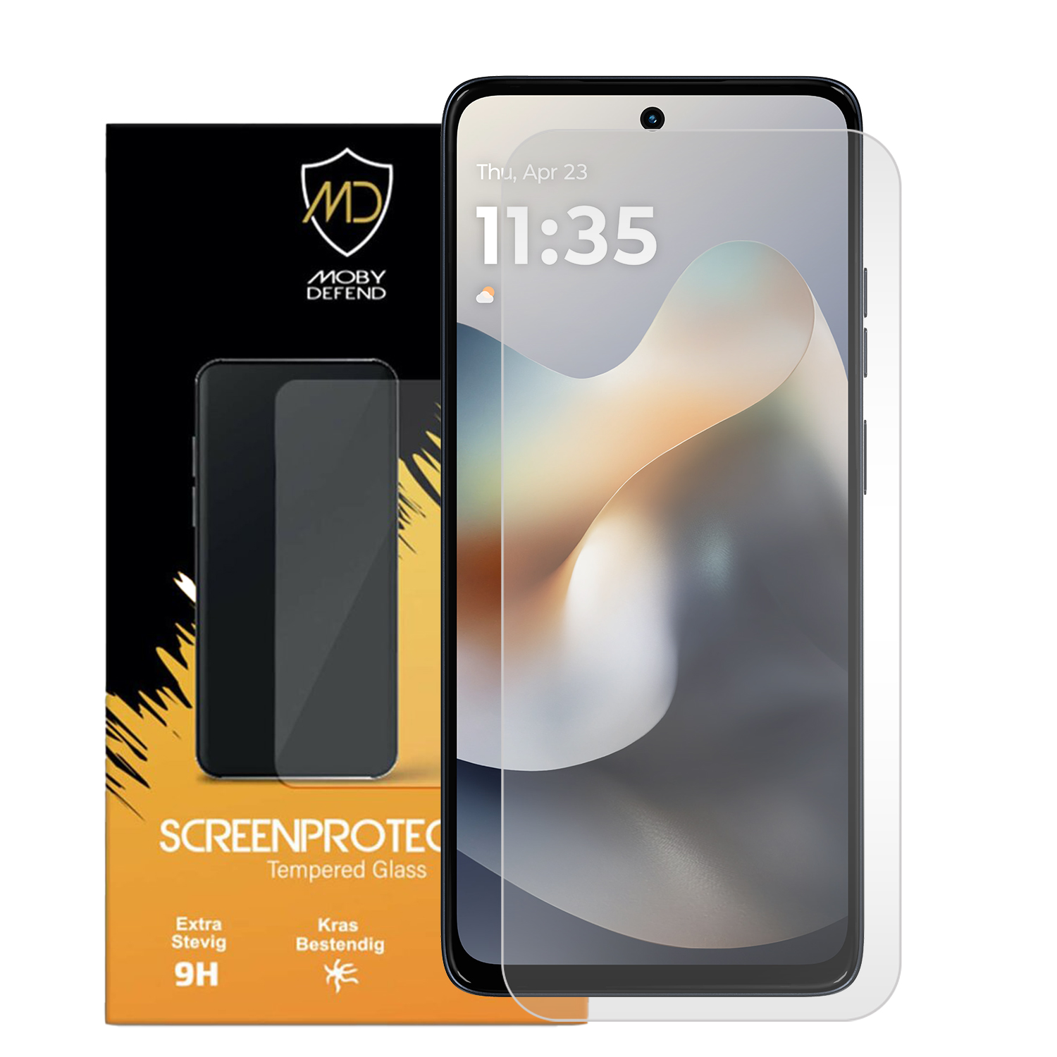 Smartphone avec protecteur d'écran, affichant l'heure et la date, emballage en arrière-plan.