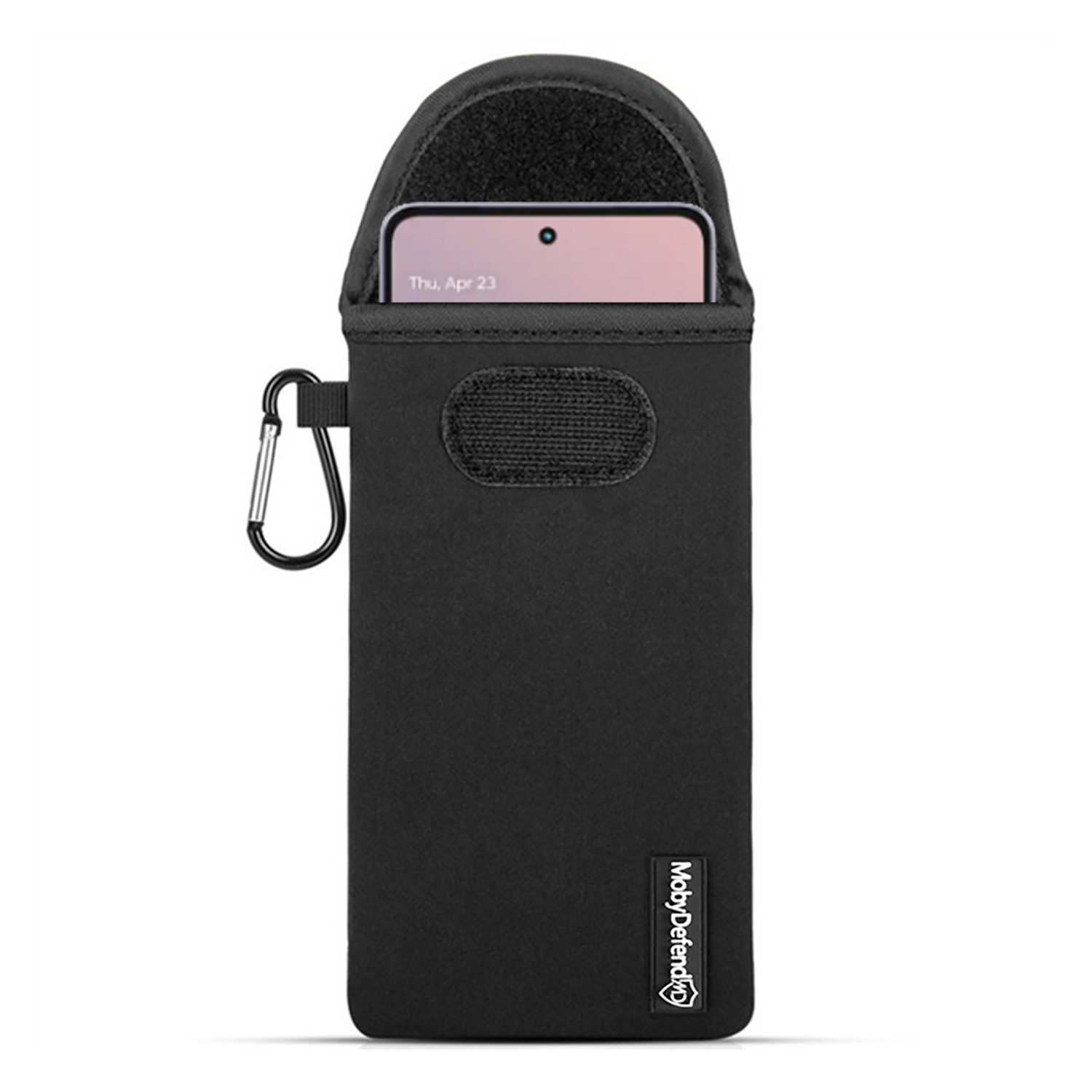 Étui de téléphone noir avec un téléphone. Le téléphone affiche l'heure et la date. Logo MobyDefend.
