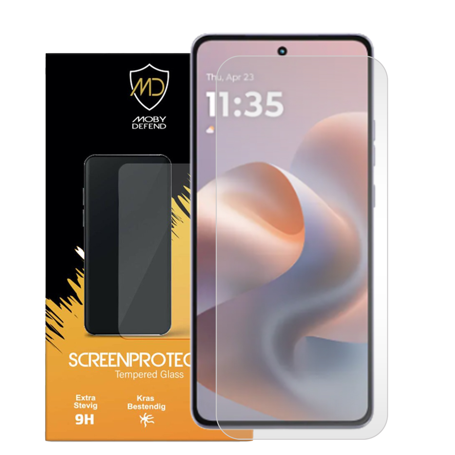 Téléphone avec protecteur d'écran. Affiche la date et l'heure. La boîte a un protecteur et un logo.