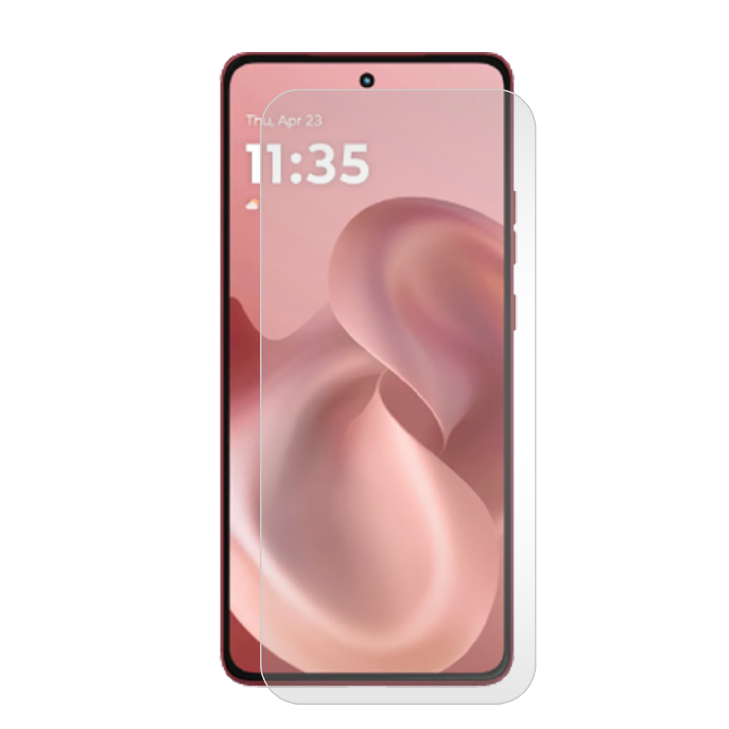 Smartphone met schermbeschermer, toont tijd en datum. Rode achtergrond.