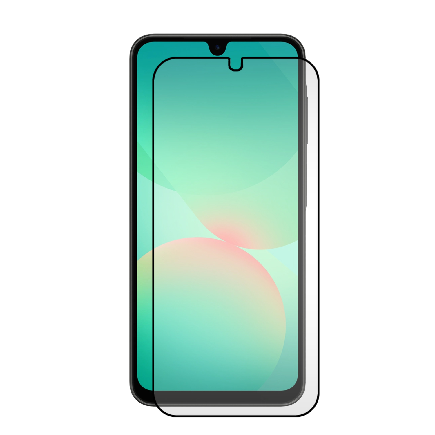 Smartphone met schermbeschermer, kleurrijk scherm. Witte achtergrond.