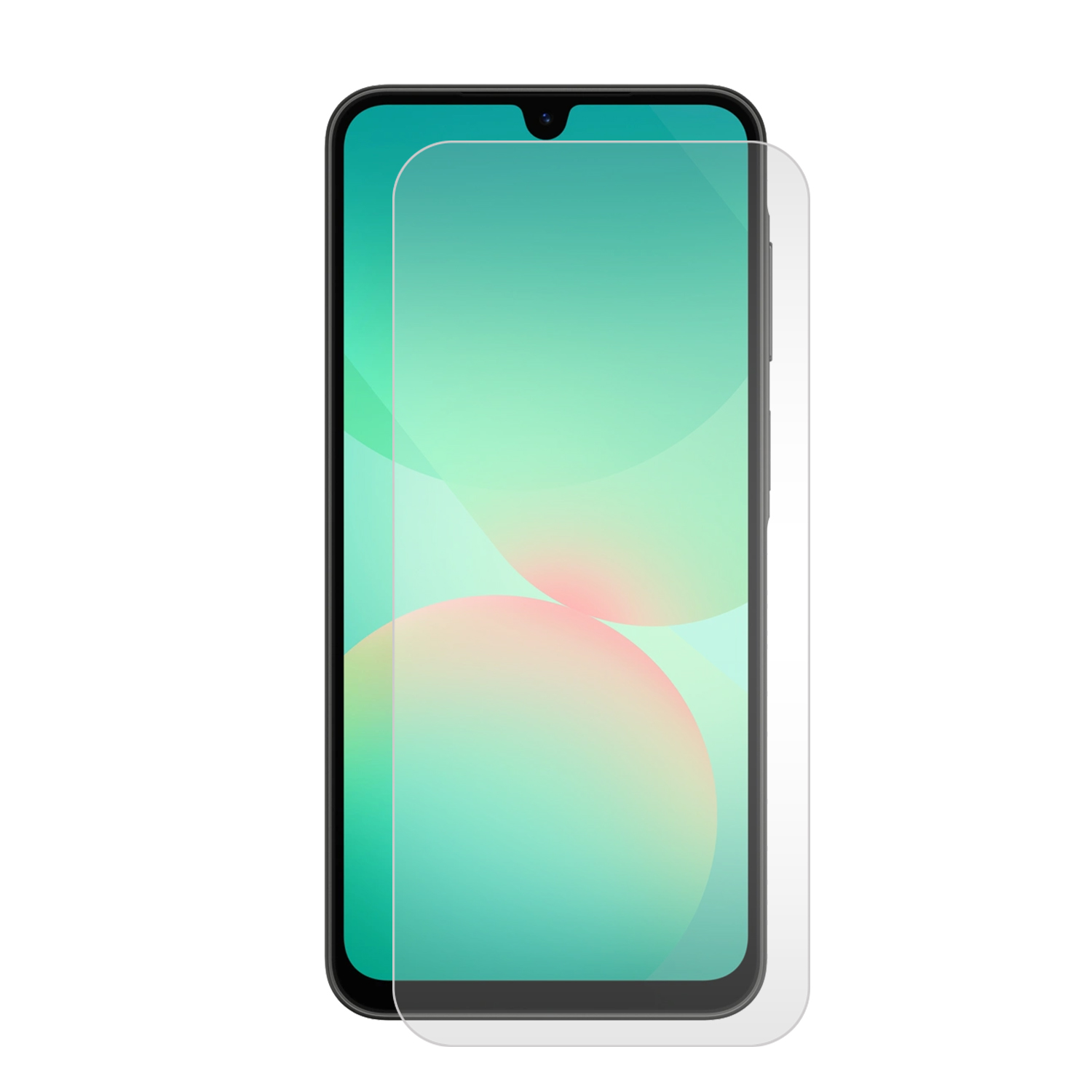 Smartphone avec protecteur d'écran, écran coloré. Fond blanc.
