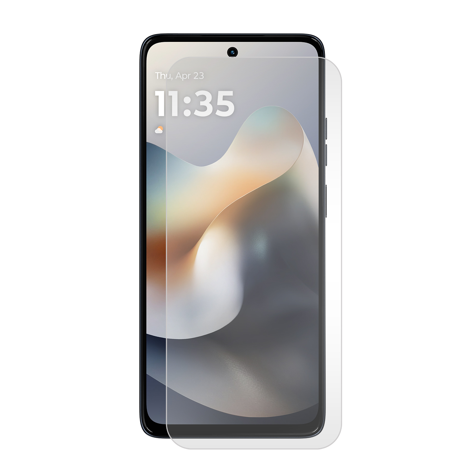 Smartphone avec protecteur d'écran, affichant l'heure et la date. Fond blanc.