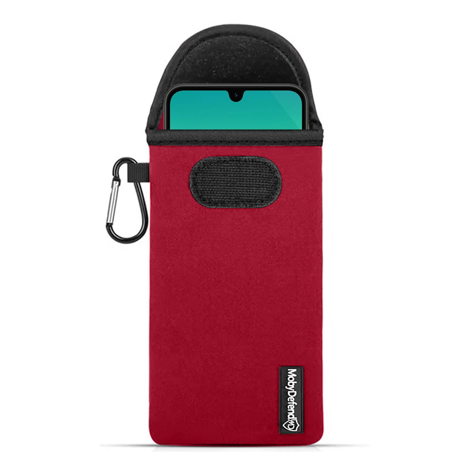 Étui de téléphone rouge avec un téléphone à l'intérieur et un mousqueton.