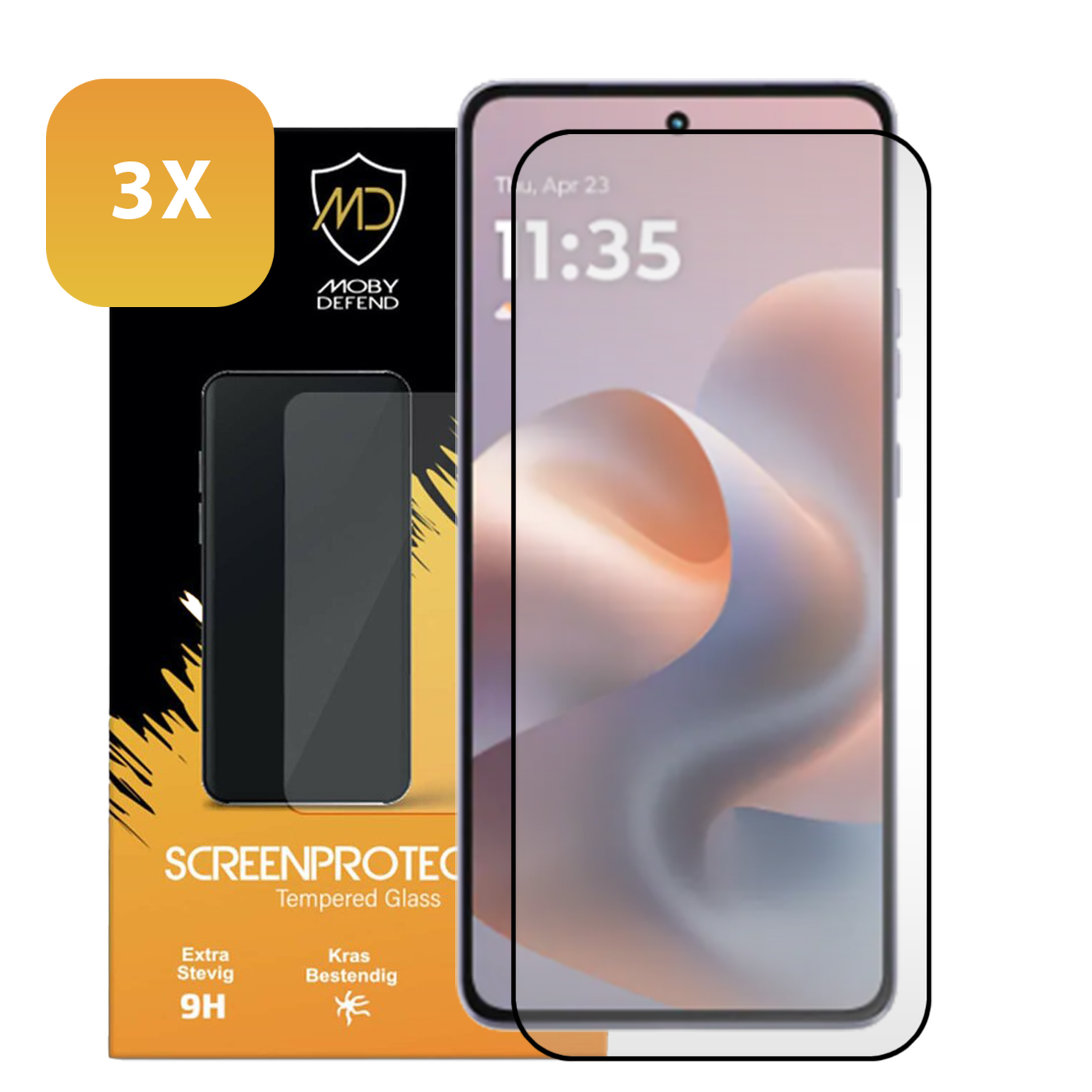 Smartphone met schermbeschermer, verpakking op de achtergrond, 3X sticker.