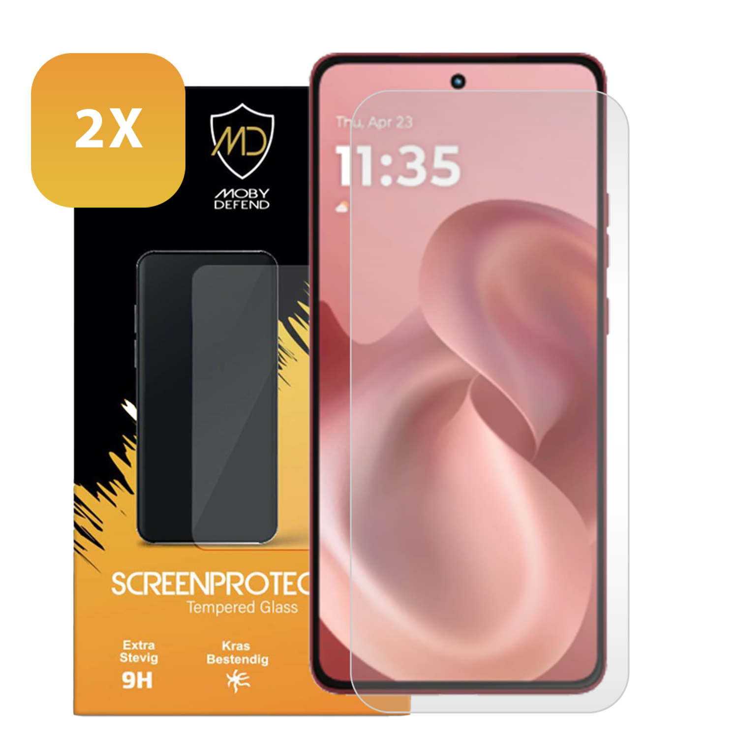 Smartphone met schermbeschermer, verpakking op de achtergrond en 2X sticker.