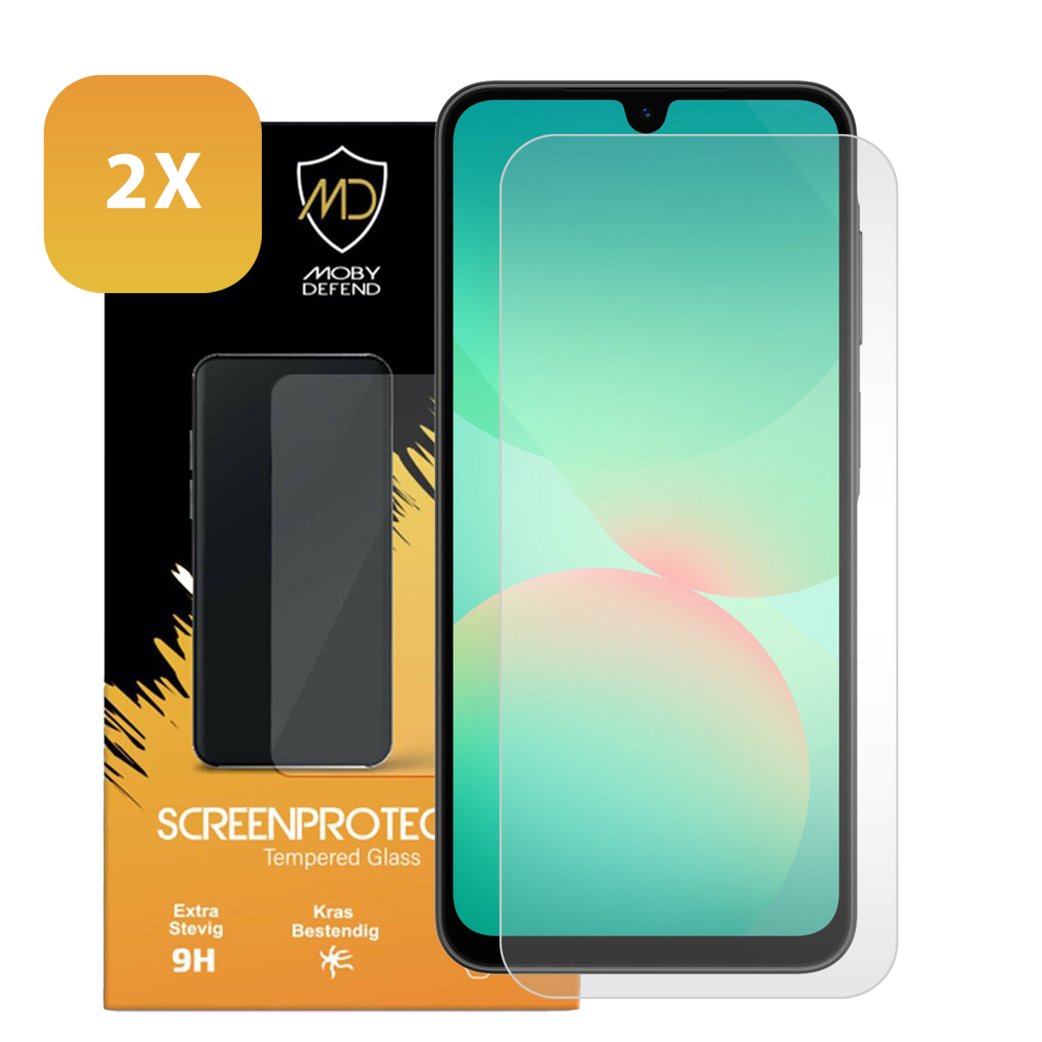 Smartphone avec protecteur d'écran, emballage en arrière-plan et autocollant 2X.