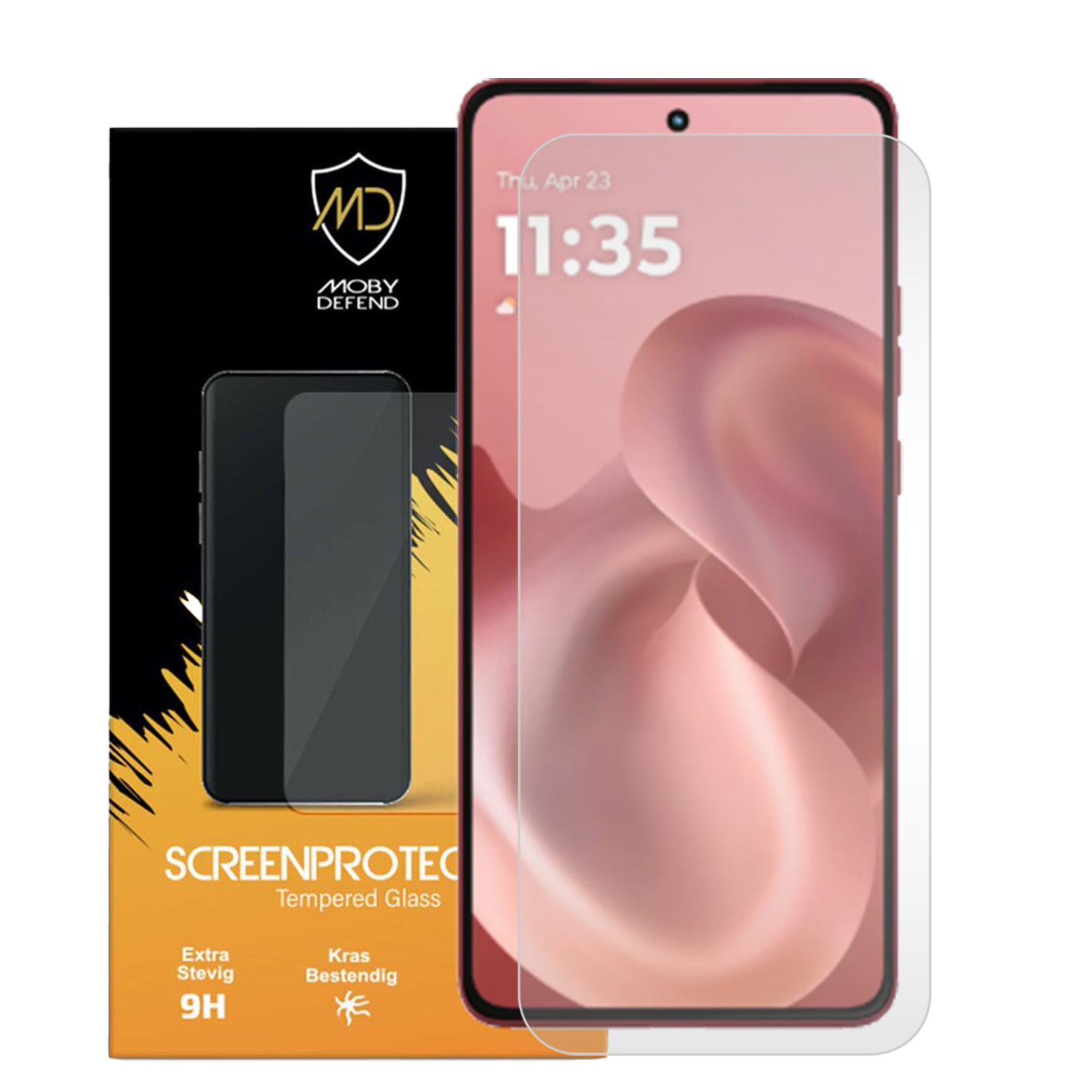 Telefoonschermbeschermer, telefoon en verpakking. De telefoon toont datum, tijd, met roze achtergrond.