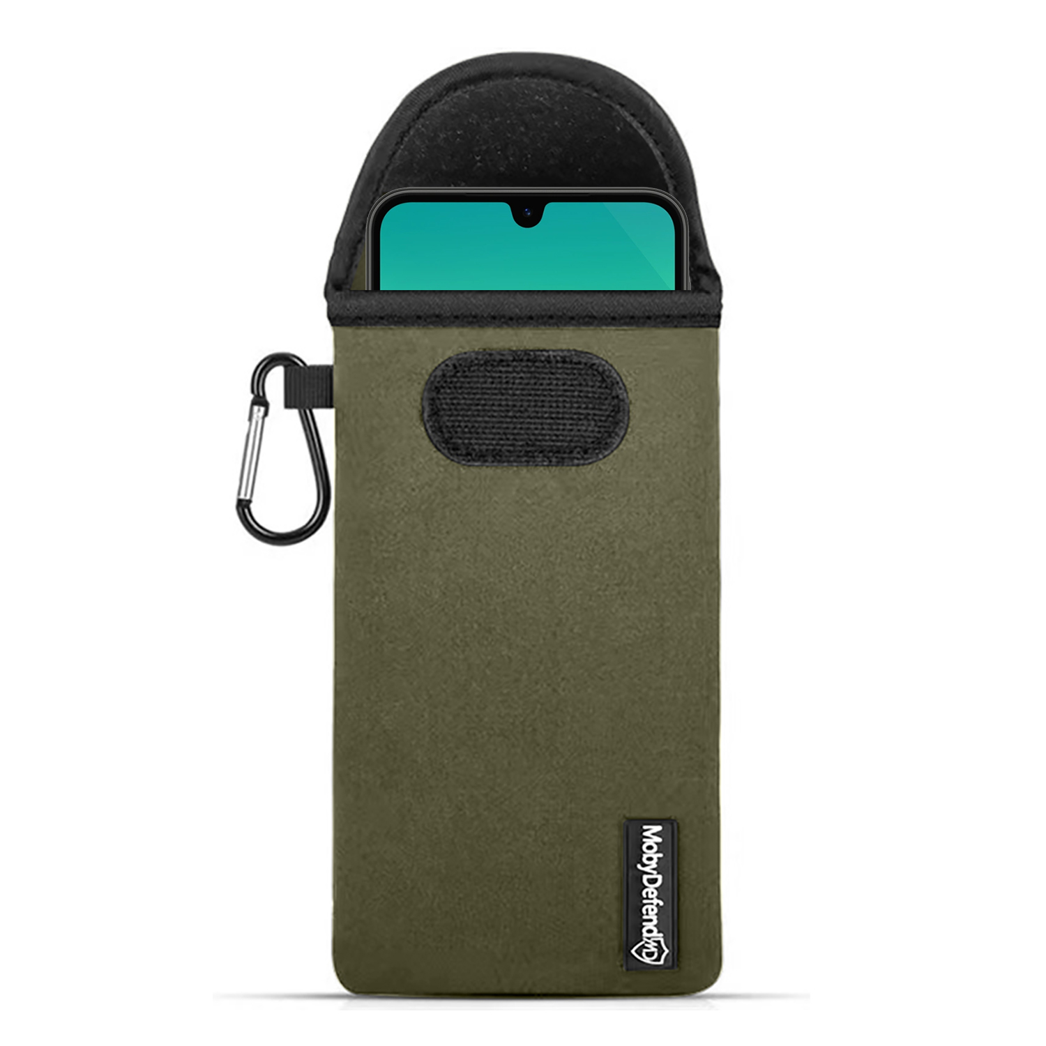 Groene telefoonhoes met telefoon erin, karabijnhaak bevestigd. De telefoon toont datum en tijd.