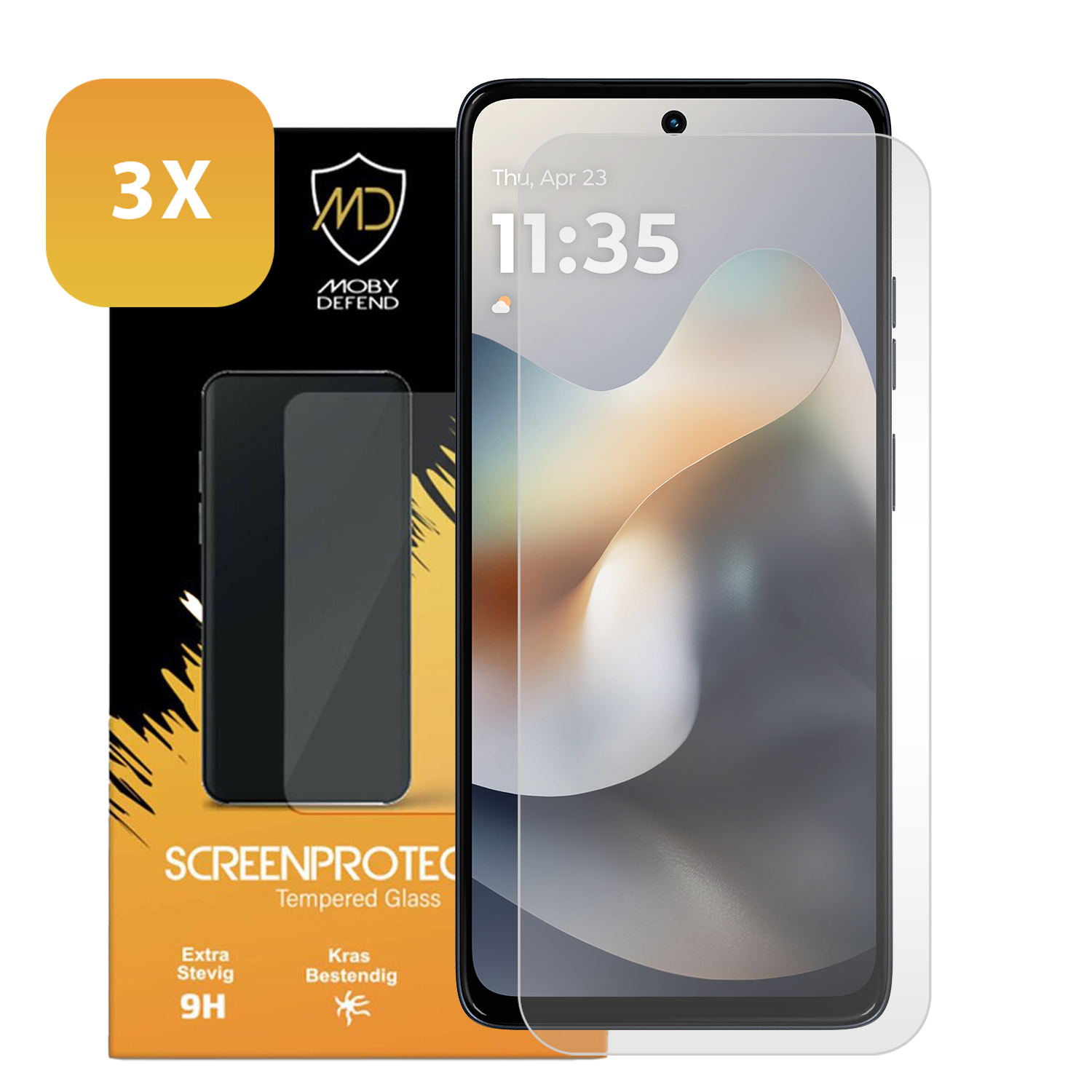 Protection d'écran de téléphone, téléphone et emballage. Le téléphone affiche la date, l'heure, avec fond clair.