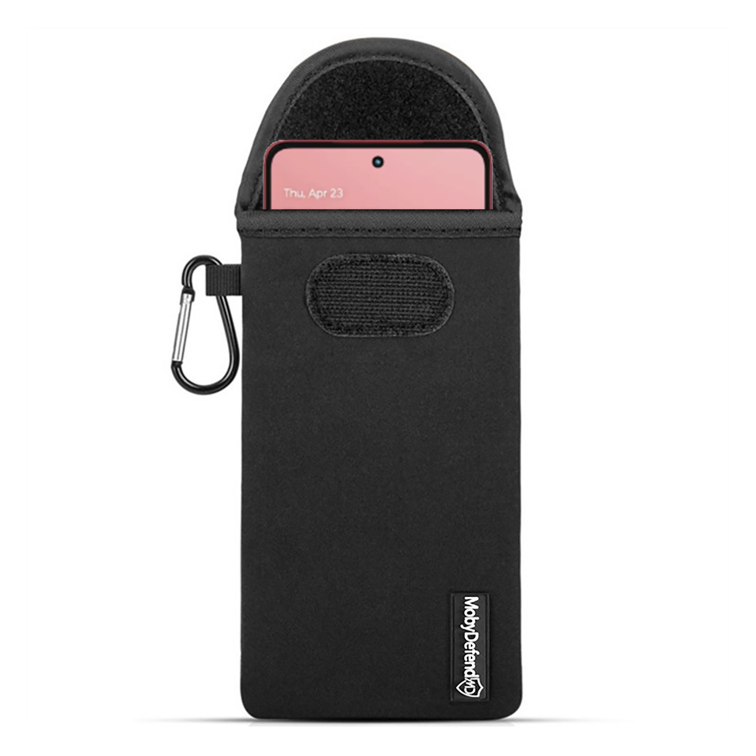 Zwarte telefoonhoes met een roze telefoon erin. Het heeft een haakje en een klittenbandsluiting. Het merk MobyDefend staat op de zijkant.