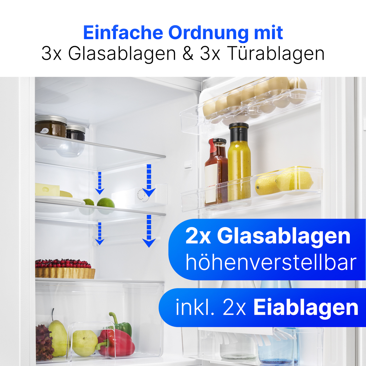 Interior del refrigerador que muestra estantes con alimentos. Etiquetas de texto indican estantes ajustables y almacenamiento en la puerta.