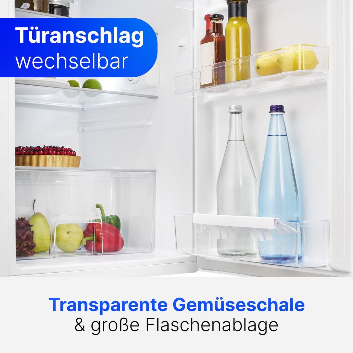 Interior del refrigerador que muestra estantes con alimentos. Las etiquetas de texto indican una puerta reversible y almacenamiento de verduras.