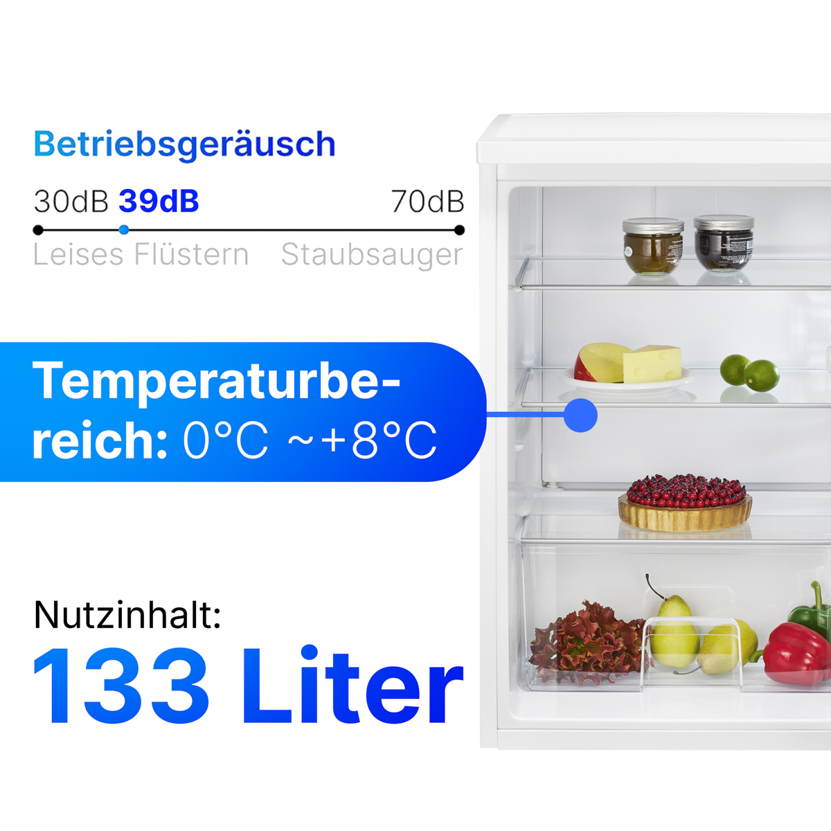 Un refrigerador con etiquetas de texto. El texto muestra el rango de temperatura, los niveles de sonido y la capacidad en litros.