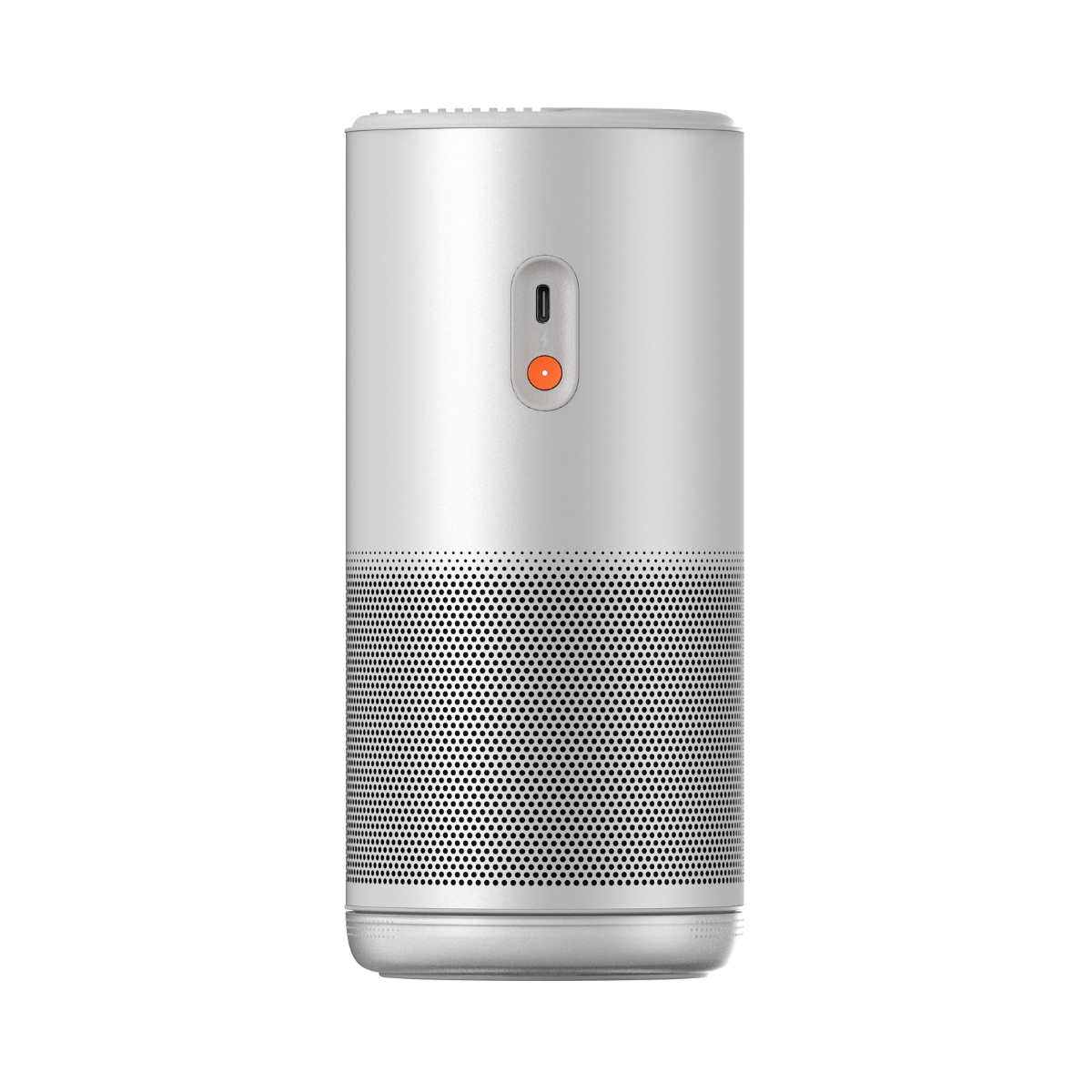 Un altavoz cilíndrico blanco con una mitad inferior perforada. Tiene un pequeño botón naranja cerca de la parte superior con un puerto USB-C.