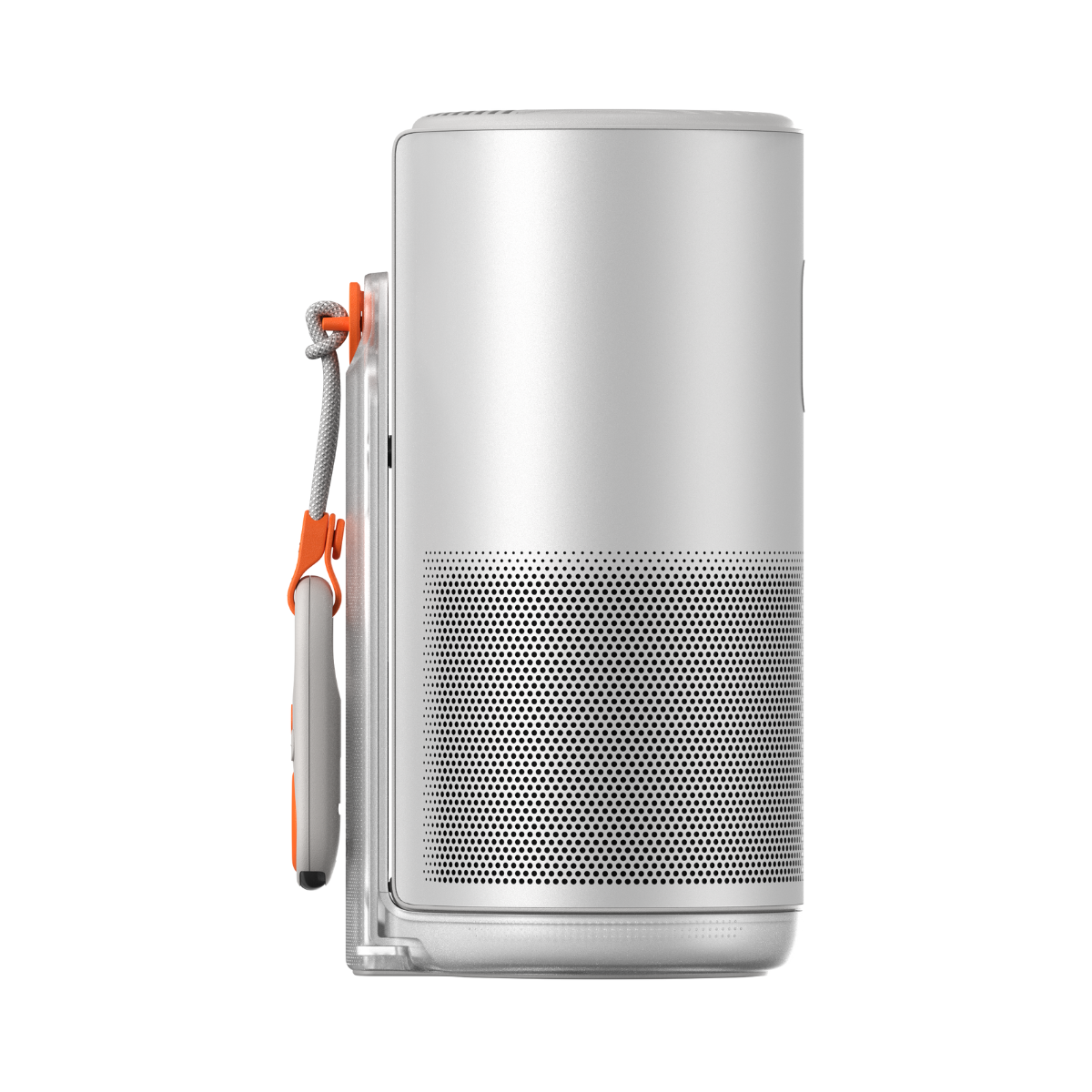 Biały głośnik z uchwytem i pomarańczowymi akcentami stoi na białym tle.