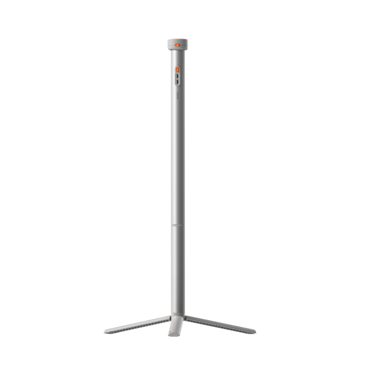 Trípode plateado con un poste vertical y un botón naranja en la parte superior.