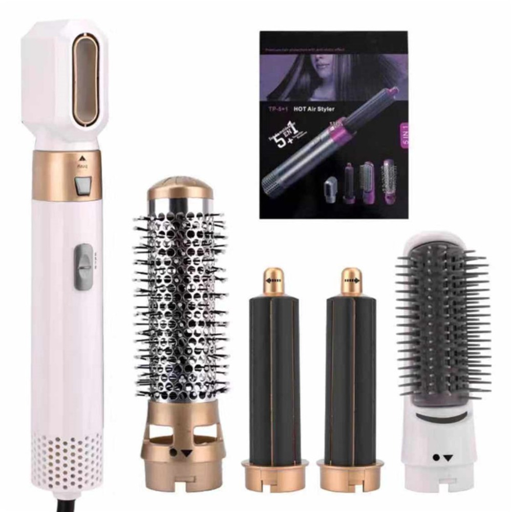 Haarstyling-Gerät mit Aufsätzen. Auch eine Box mit dem Haar einer Frau und weiteren Aufsätzen.