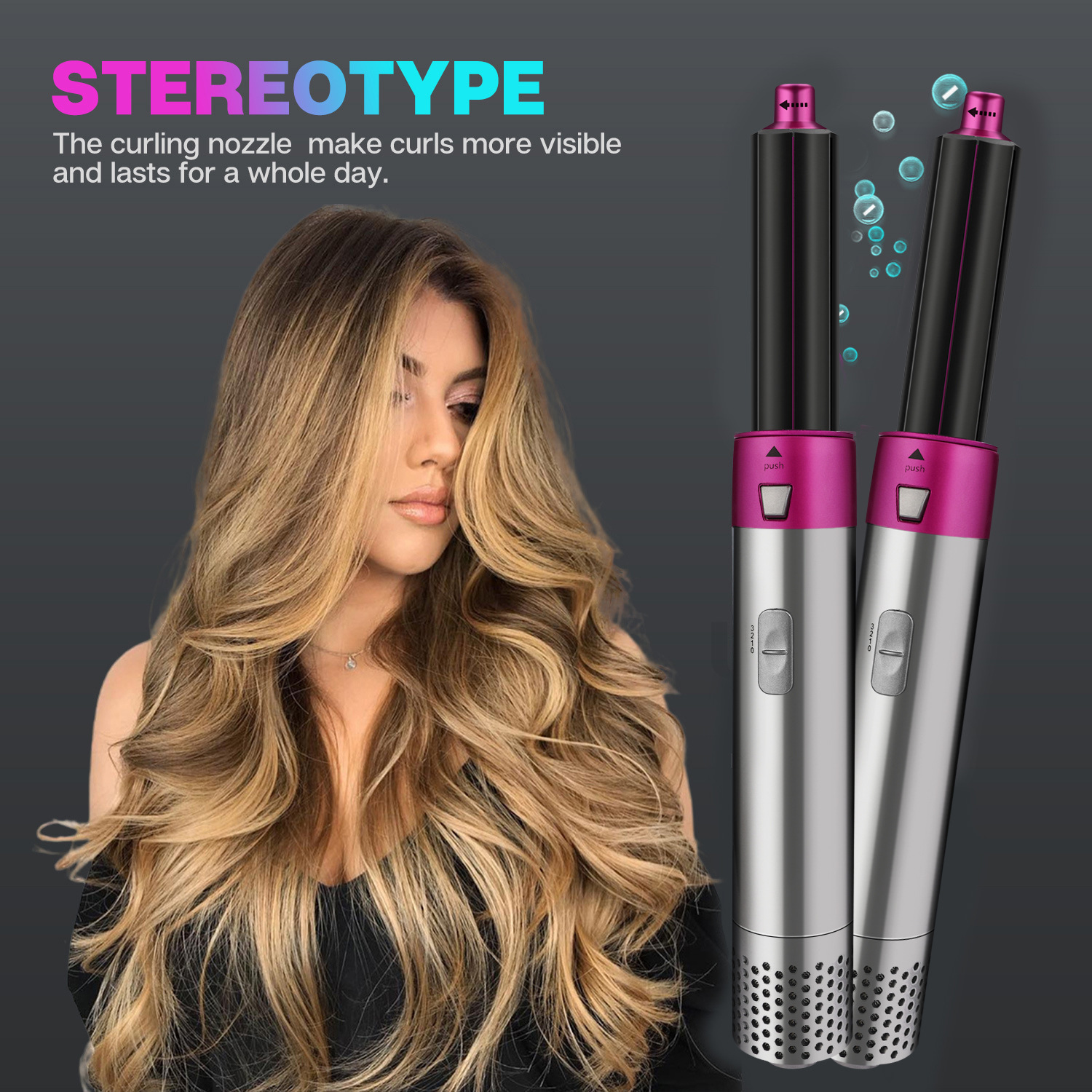 Zwei Haarstyling-Tools neben einer Frau mit welligem Haar. Das Wort Stereotyp steht oben.