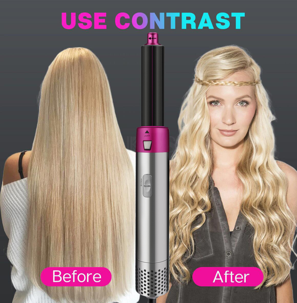 Vorher-Nachher-Haarstyling mit einem Haarstyler. Eine Seite zeigt glattes Haar.