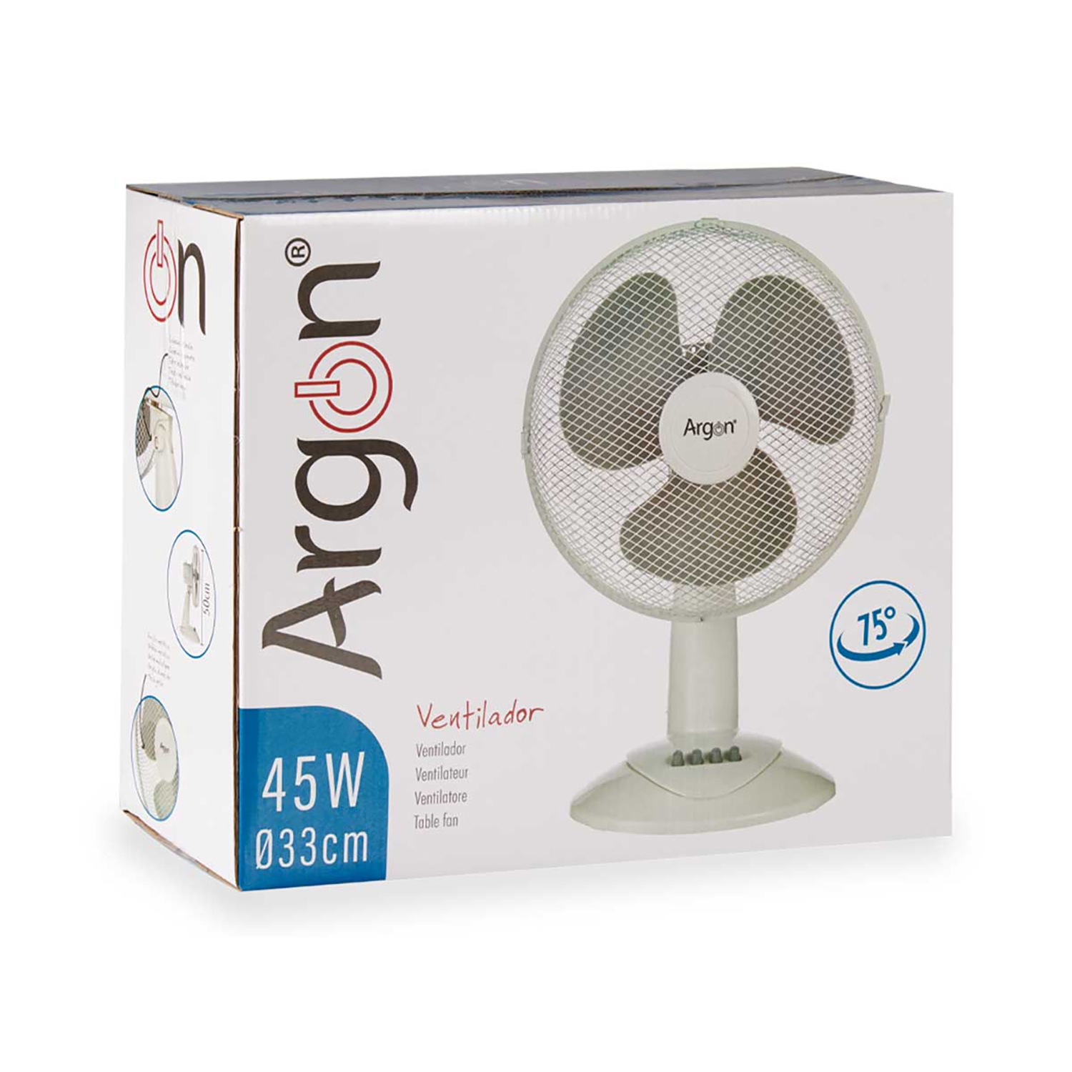 Caja Argon blanca y azul con un ventilador a la derecha.