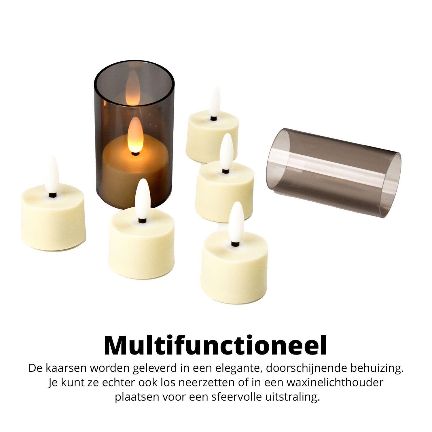 Candle lights with glass cover, placed on a white surface.