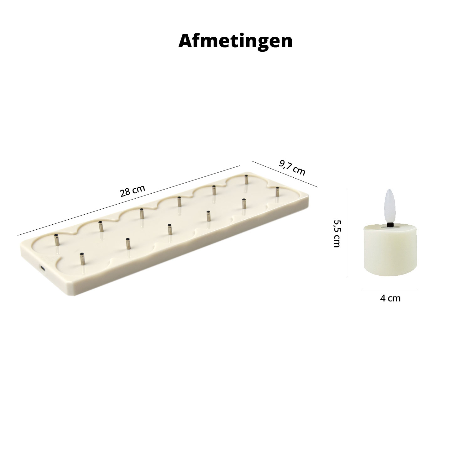 Witte tray met 16 pinnen en een kaars. De kaars is wit en heeft een vlam. Afmetingen worden weergegeven.