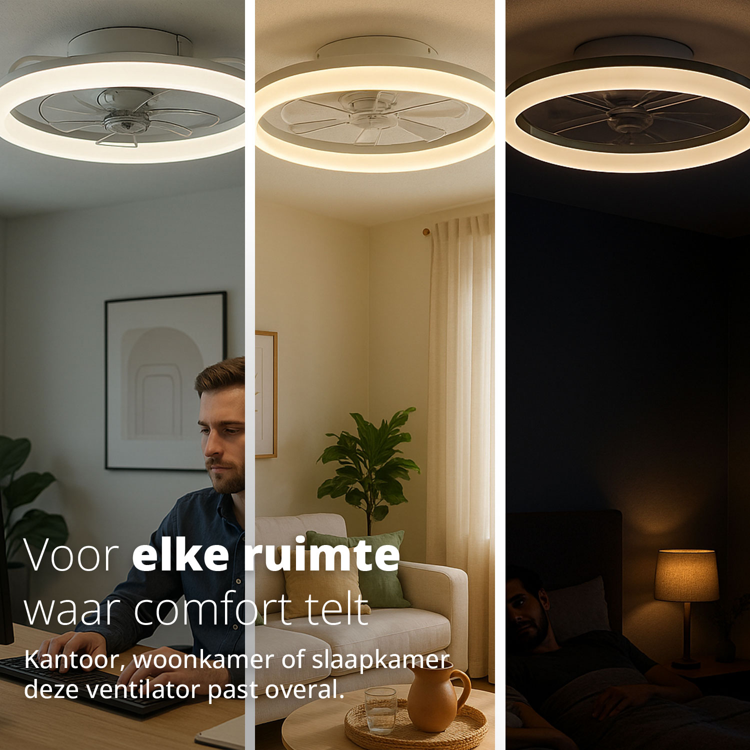 Un homme à un bureau avec un ordinateur et un ventilateur de plafond dans trois réglages d'éclairage différents.
