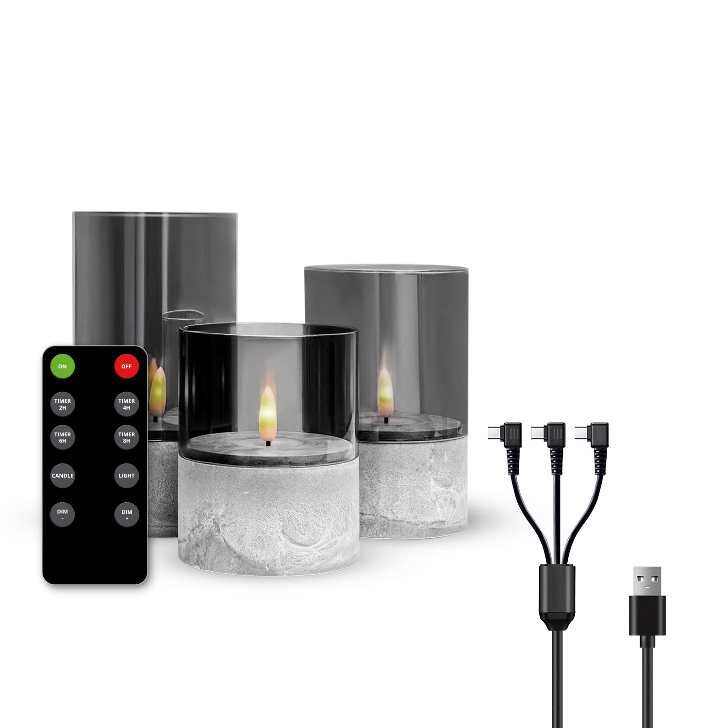 Drei flammenlose Kerzen mit Fernbedienung und einem USB-C-Kabel mit mehreren Anschlüssen.