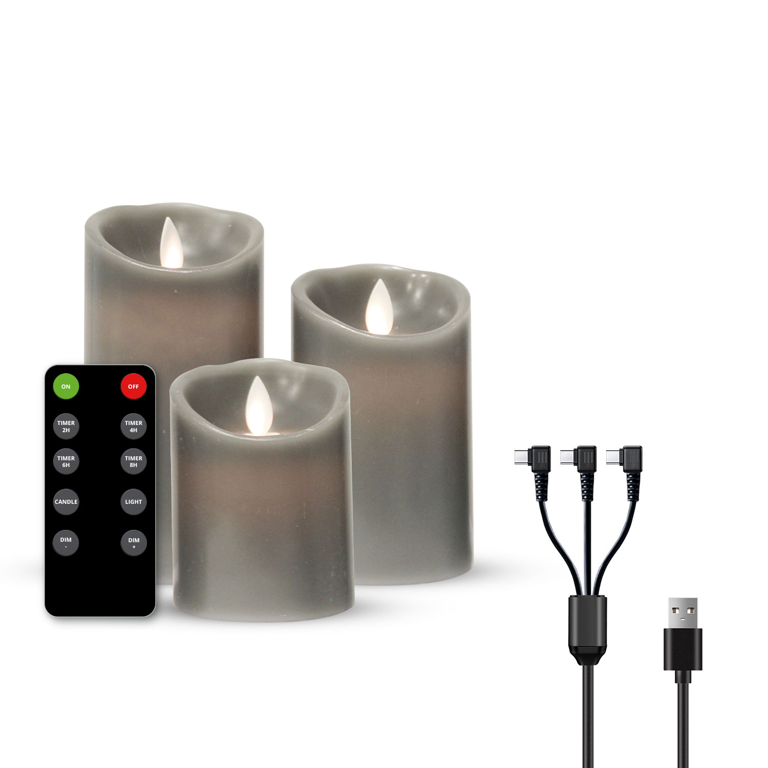 Bougies LED grises avec une télécommande et un câble de chargement USB sur fond blanc.