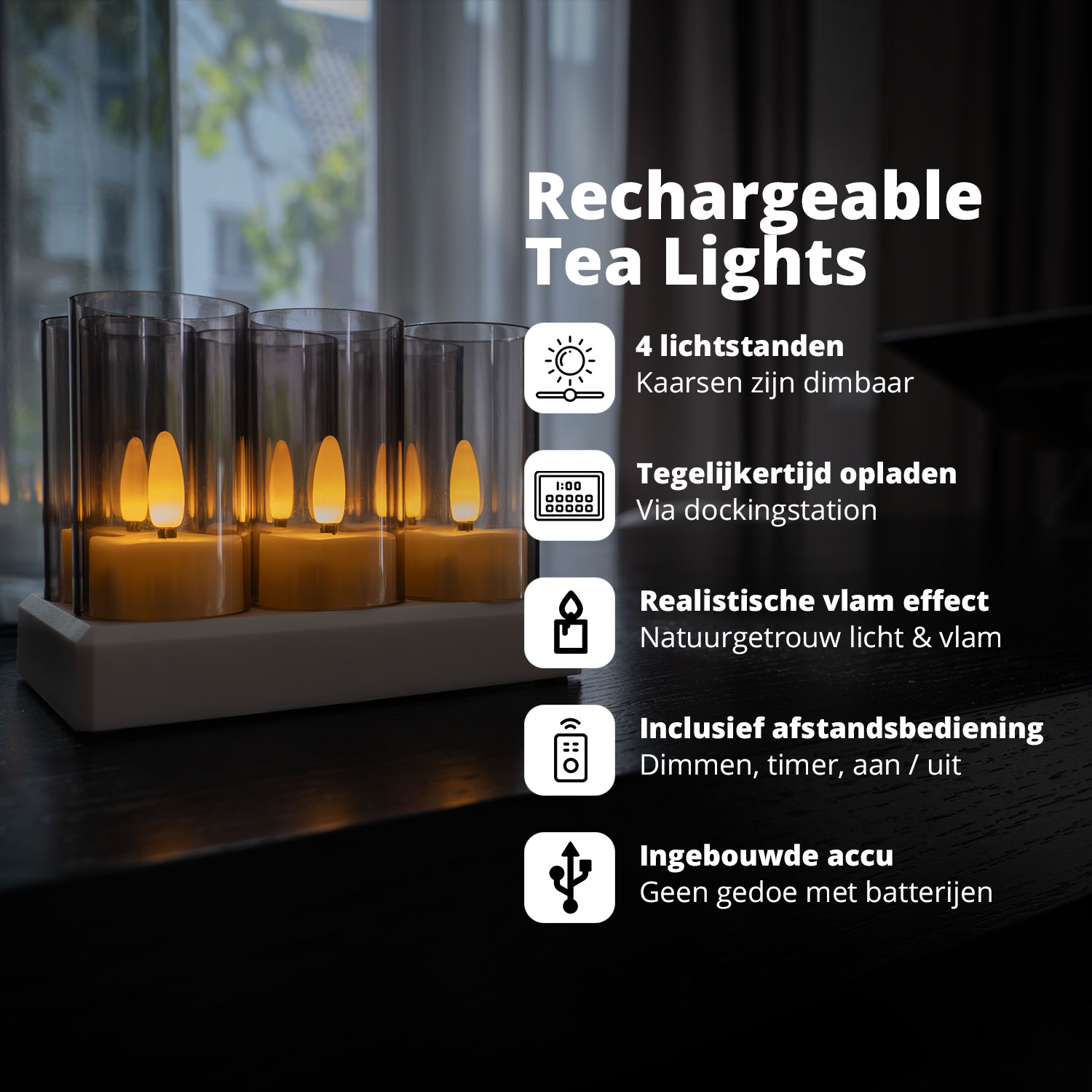 Rechargeable tea lights in glass holders. Text highlights features like dimmable and battery-powered.