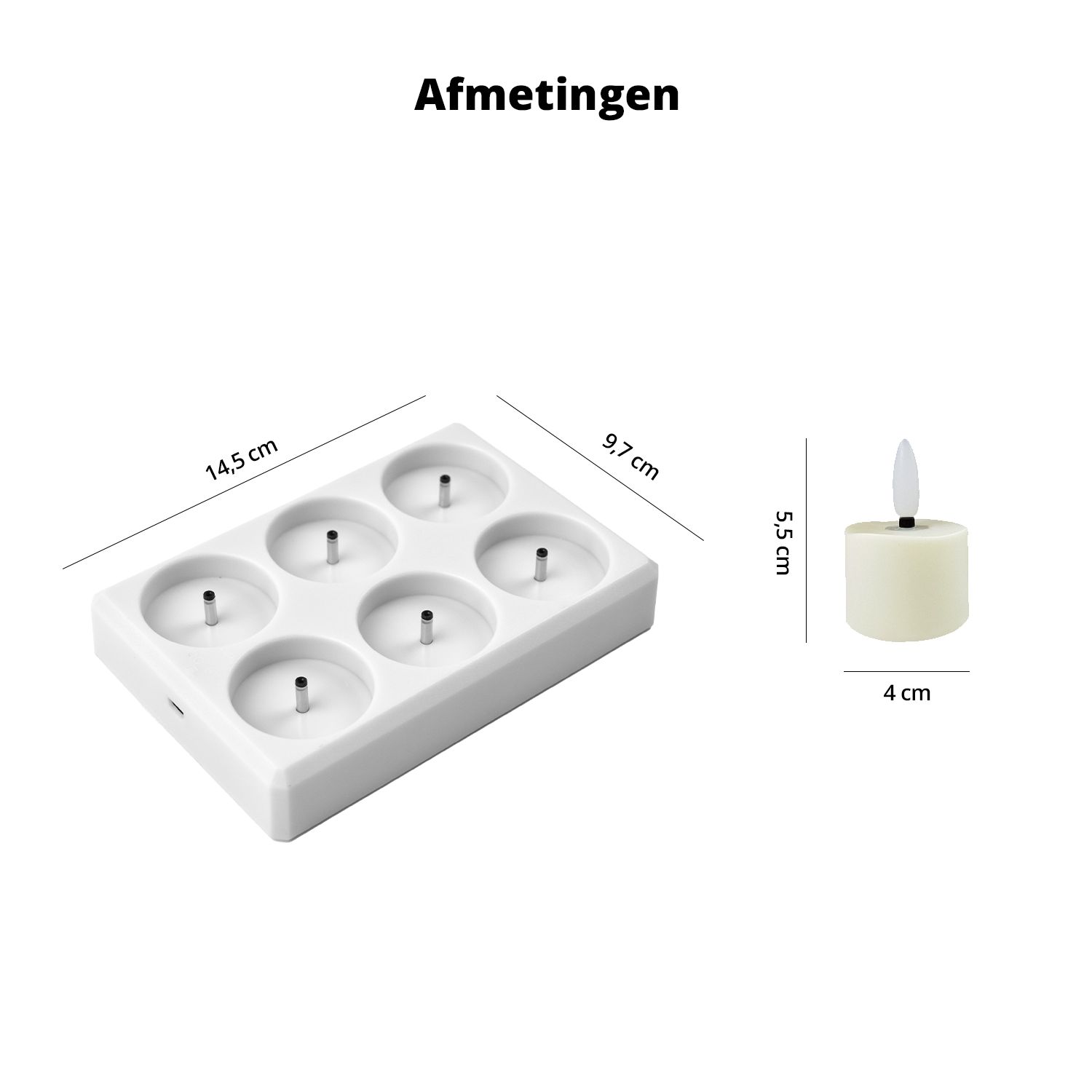 White base with five candle holders. A single candle is shown to the right.