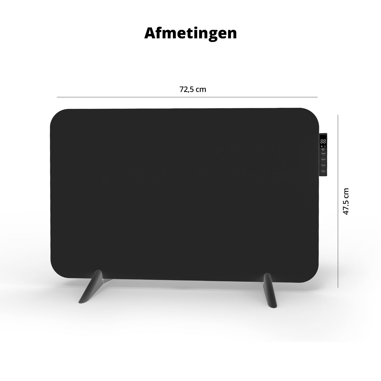 Zwarte rechthoekige kachel met afmetingen 72,5 cm x 47,5 cm. Staat op een witte achtergrond.