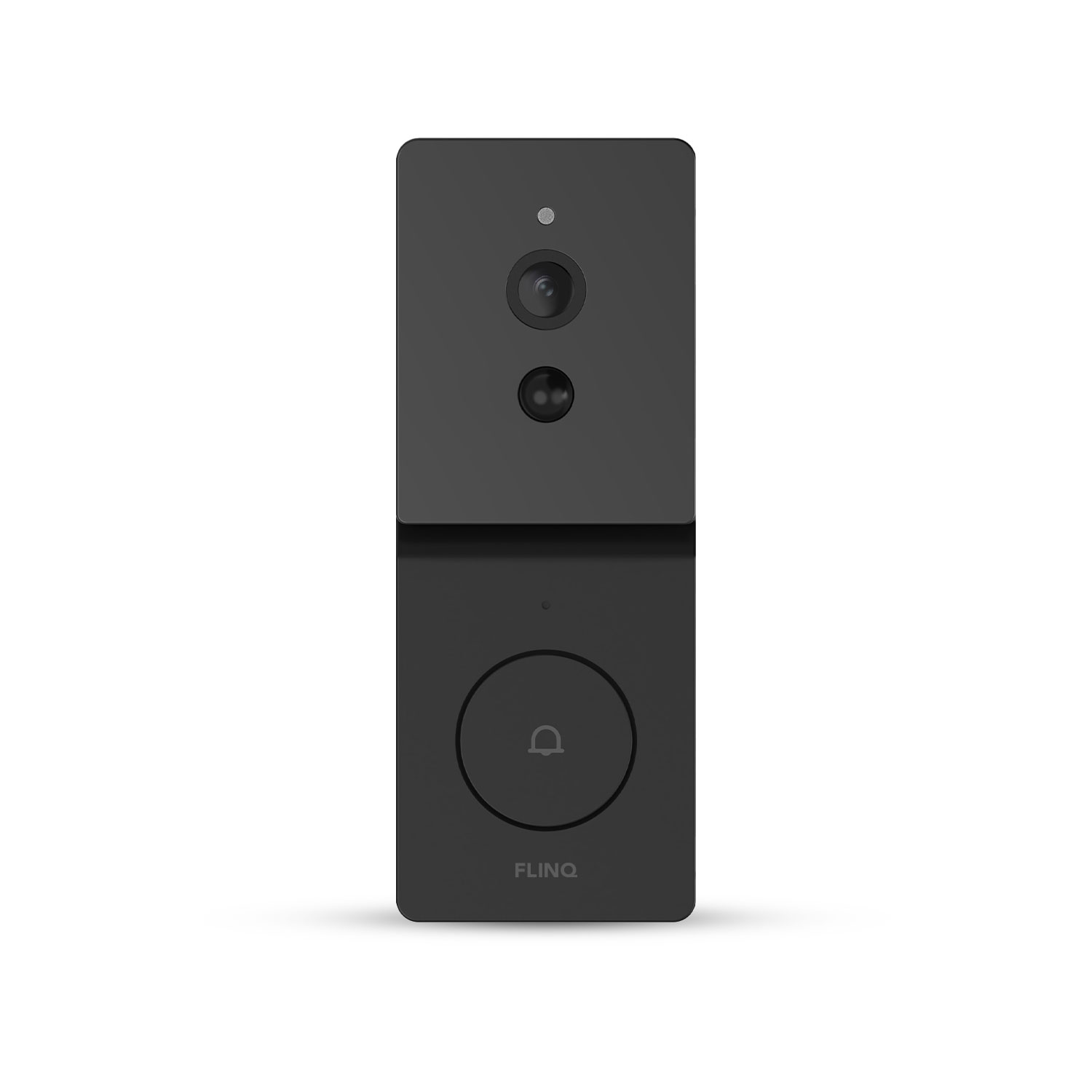 Schwarze intelligente Türklingel mit Kamera, Klingelknopf und dem Wort FLINQ.