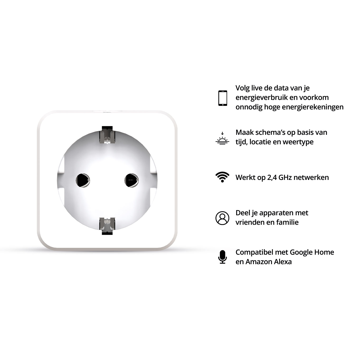 A white outlet with two holes and a few icons and text in the right.