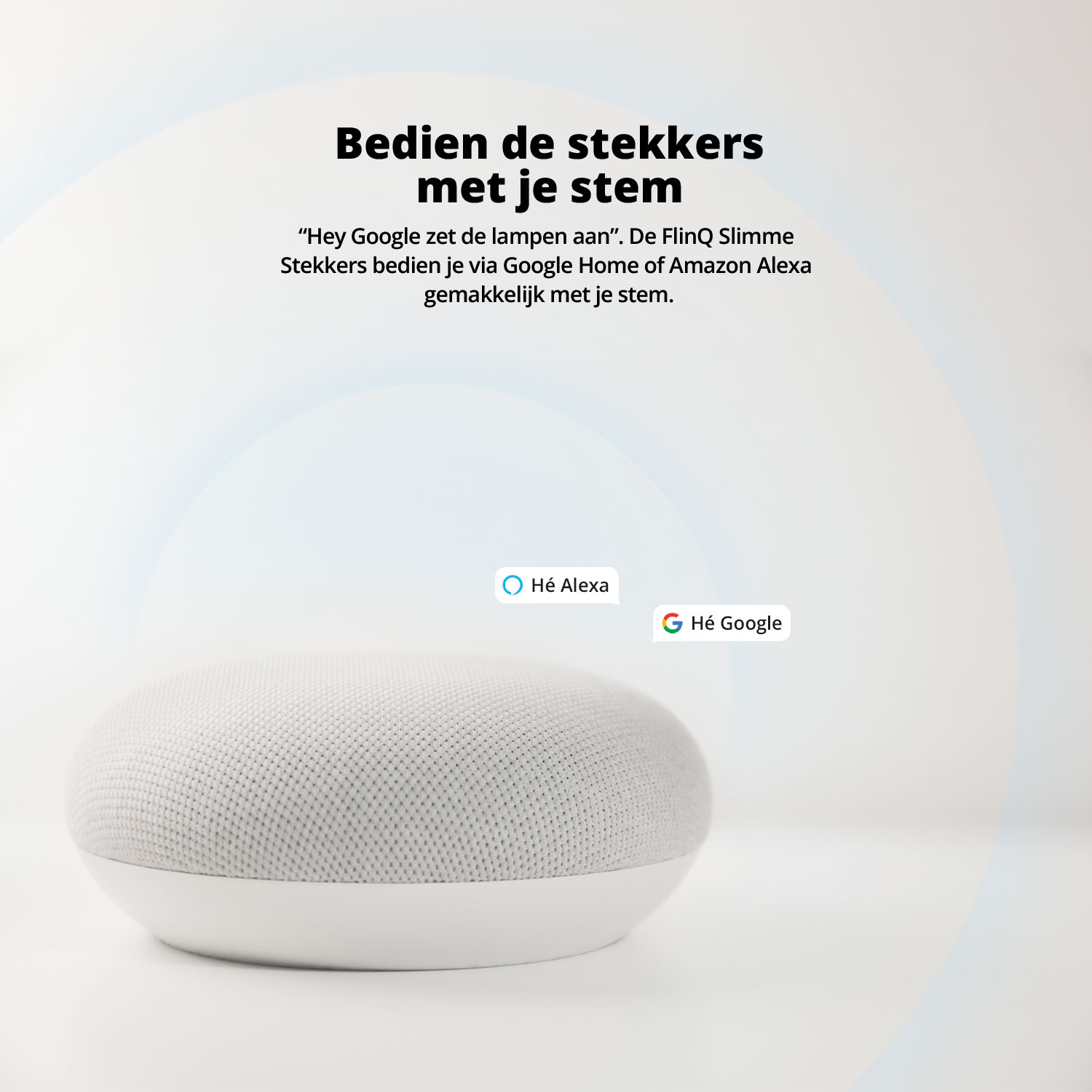 White smart speaker with text and logos on a gradient background, voice control.