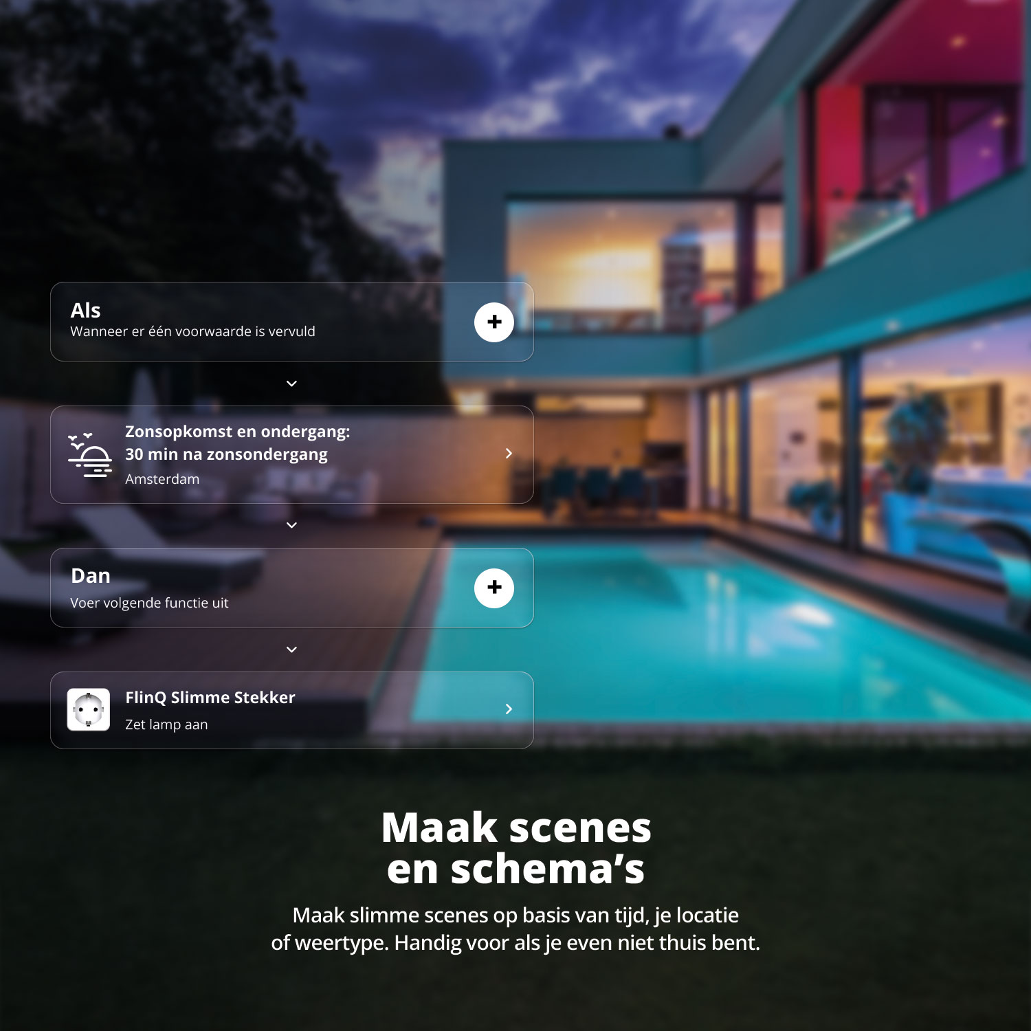 Smart home control interface with a house, pool, and text on a blurred background.