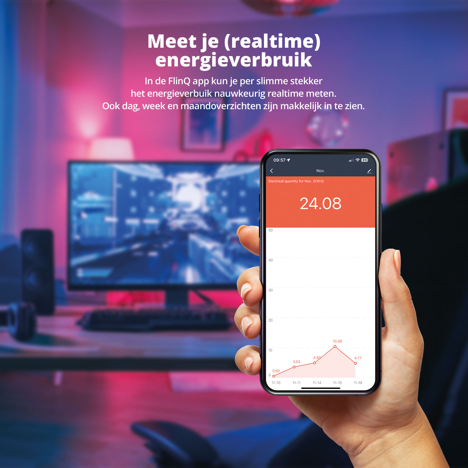 Hand holding a smartphone displaying an app showing energy consumption data. A monitor is in the background.