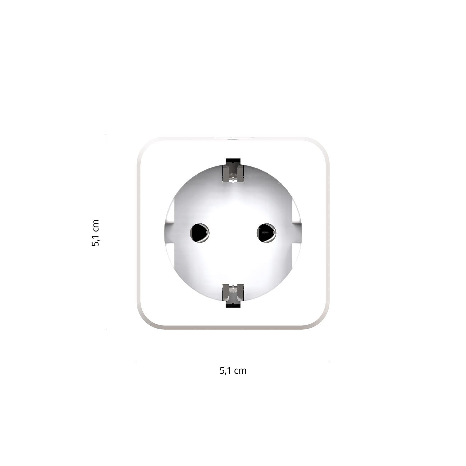 White square power outlet with two holes and dimensions labeled in centimeters.