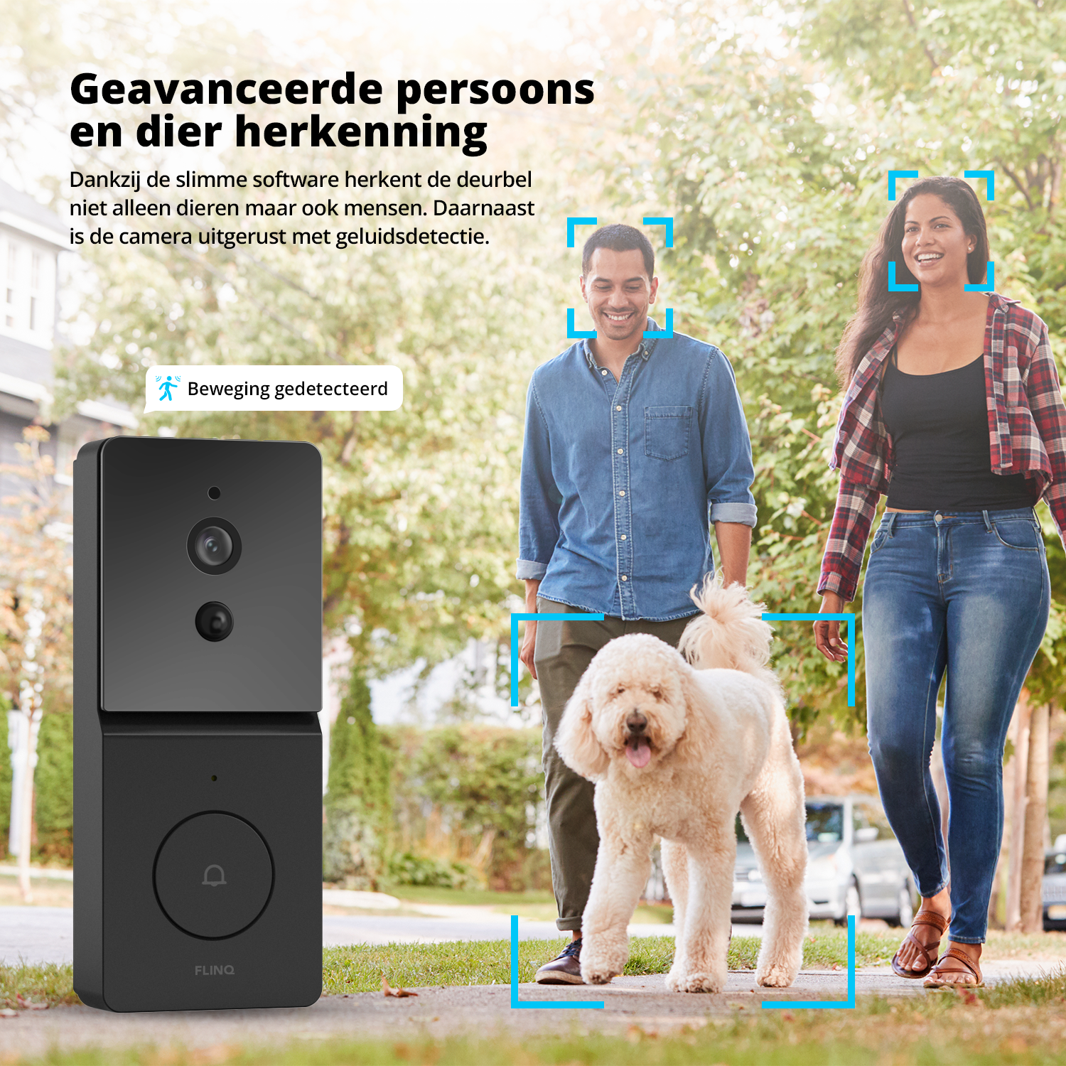 Eine intelligente Türklingel, eine Person, ein Hund und ein Paar, das eine Straße entlanggeht.
