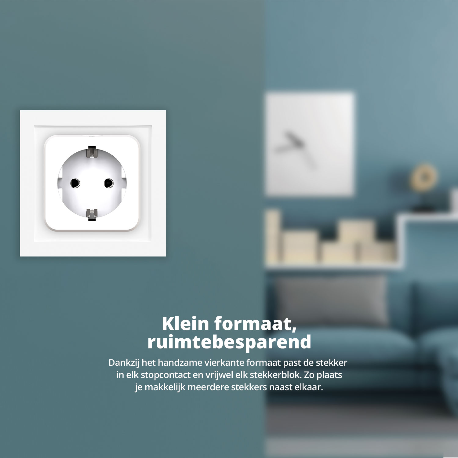 A wall with a power outlet, a white square. Text in the bottom describes it.
