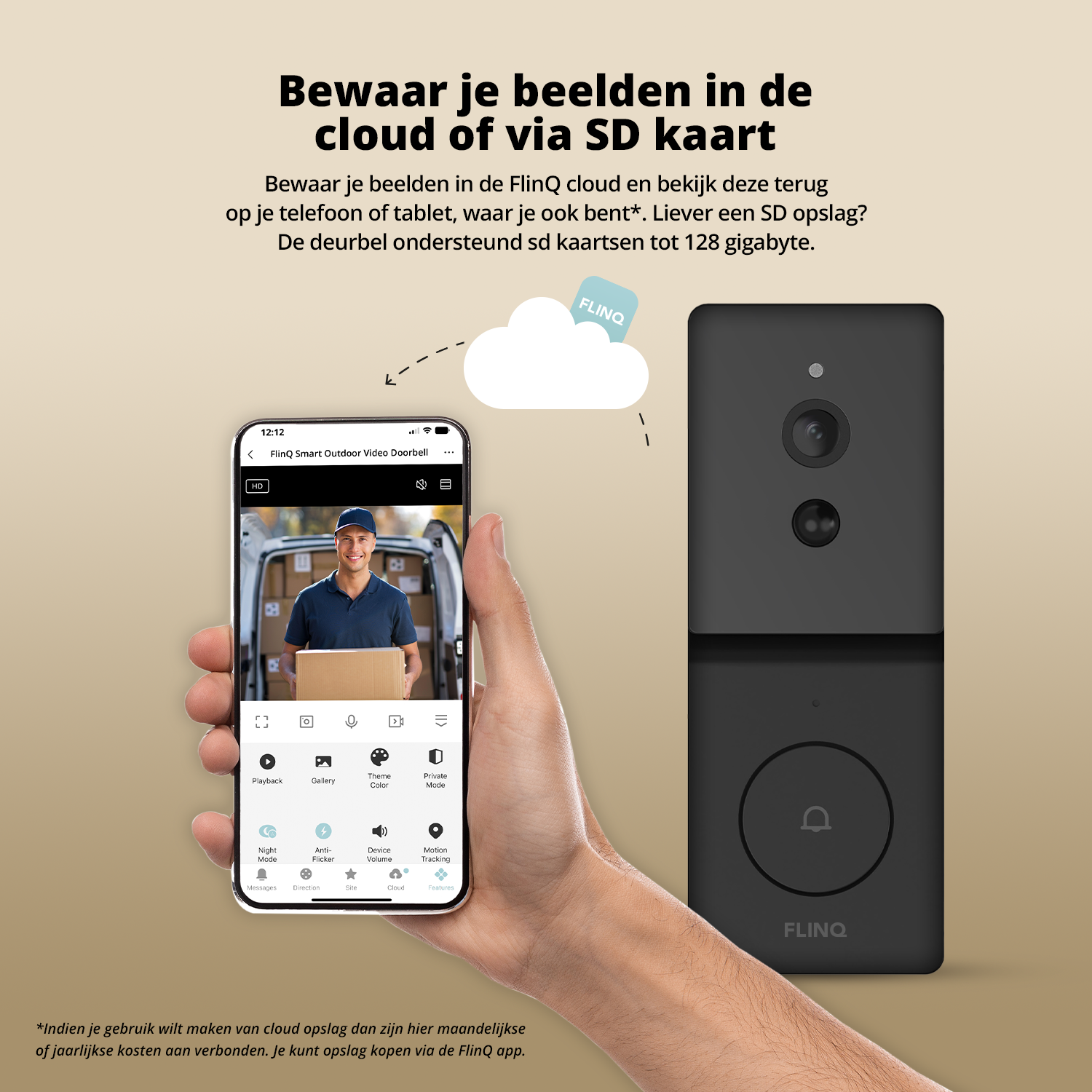 Hand holding a phone showing an app interface and a doorbell.
