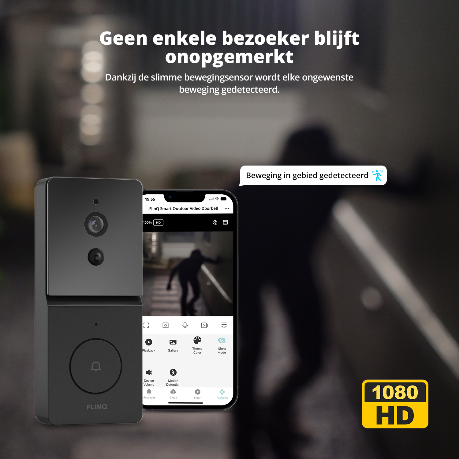 Eine schwarze Türklingel, ein Telefonbildschirm und Text. Der Hintergrund ist verschwommen.