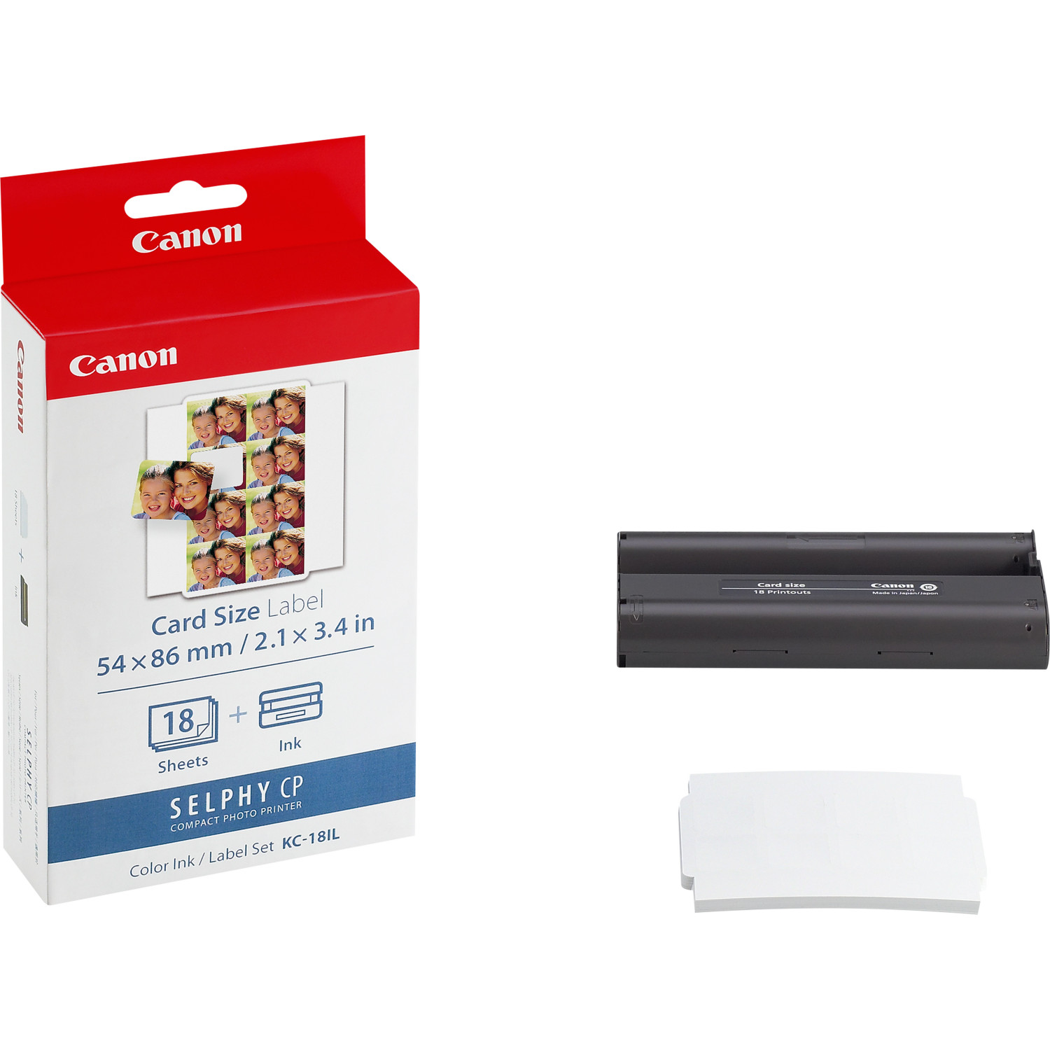 Canon Selphy CP Kompakt-Fotodrucker mit Kartenetiketten und Tinte, alles in weiß-roter Verpackung.