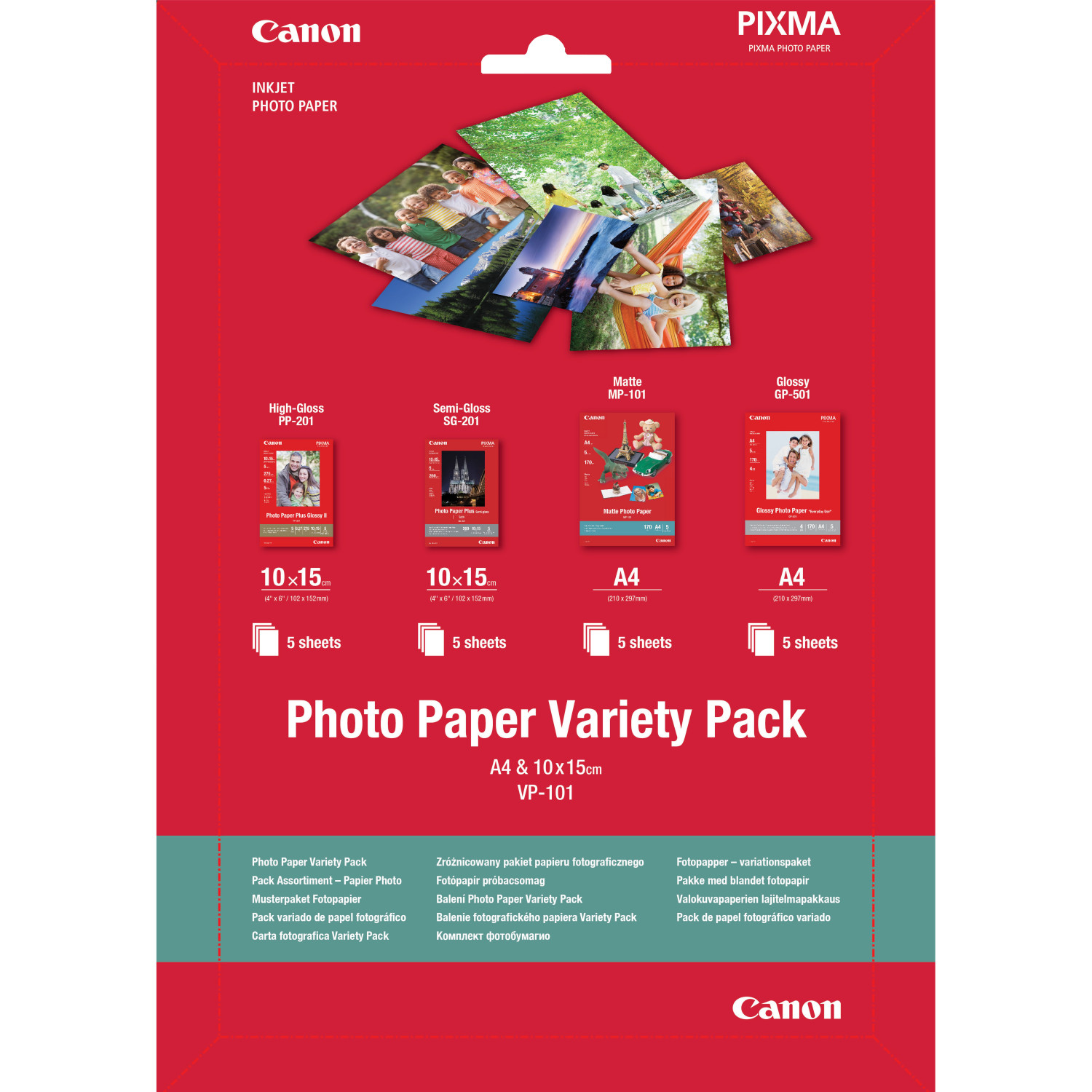 Canon fotoğraf kağıdı çeşit paketi, kırmızı zemin, farklı fotoğraf kağıdı türleri.