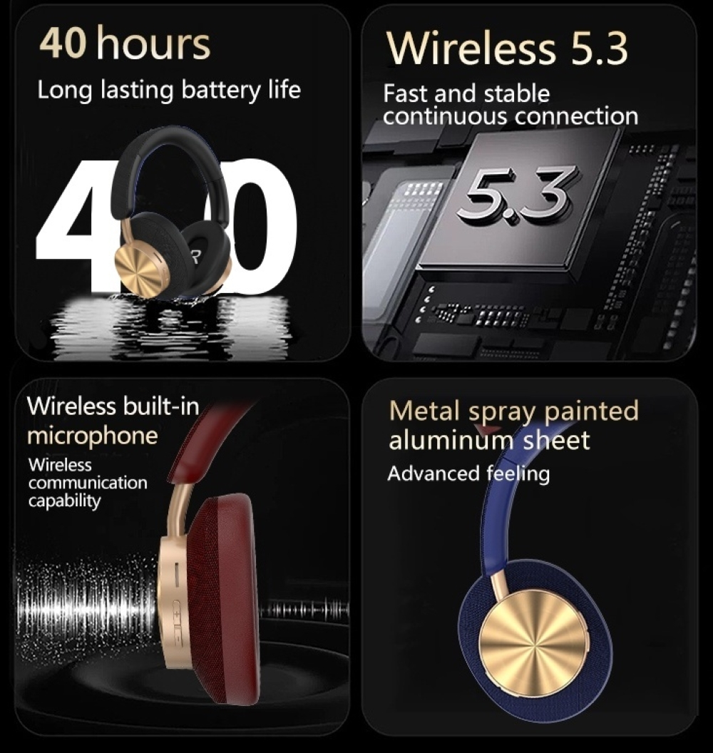 Cuatro paneles describen las características de los auriculares: duración de la batería, inalámbrico 5.3, micrófono y aluminio pintado con spray metálico.