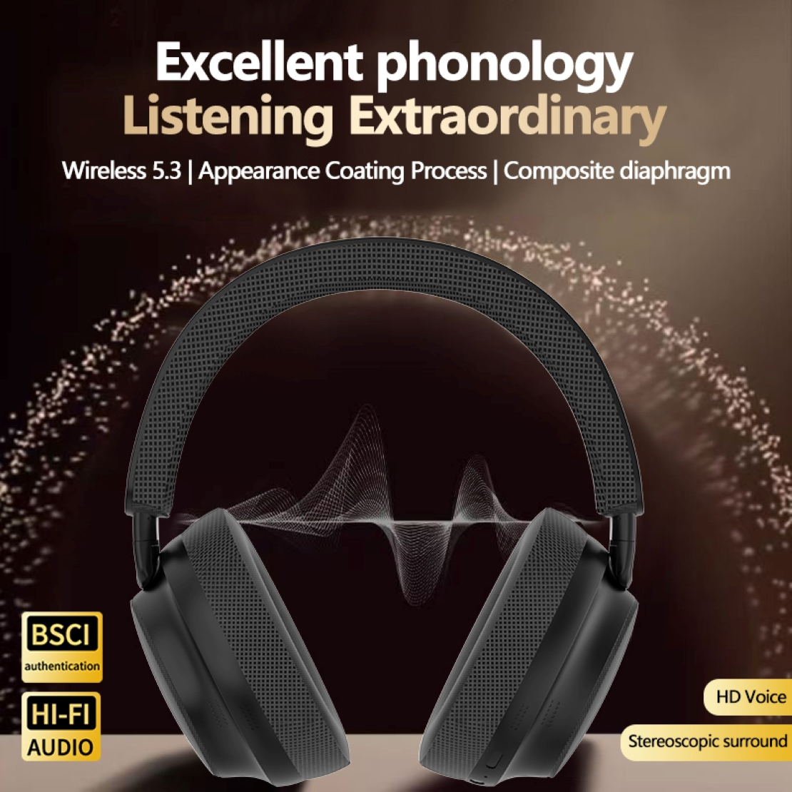 Auriculares negros con varias características: audio Hi-Fi, voz HD y Wireless 5.3. Fondo negro.