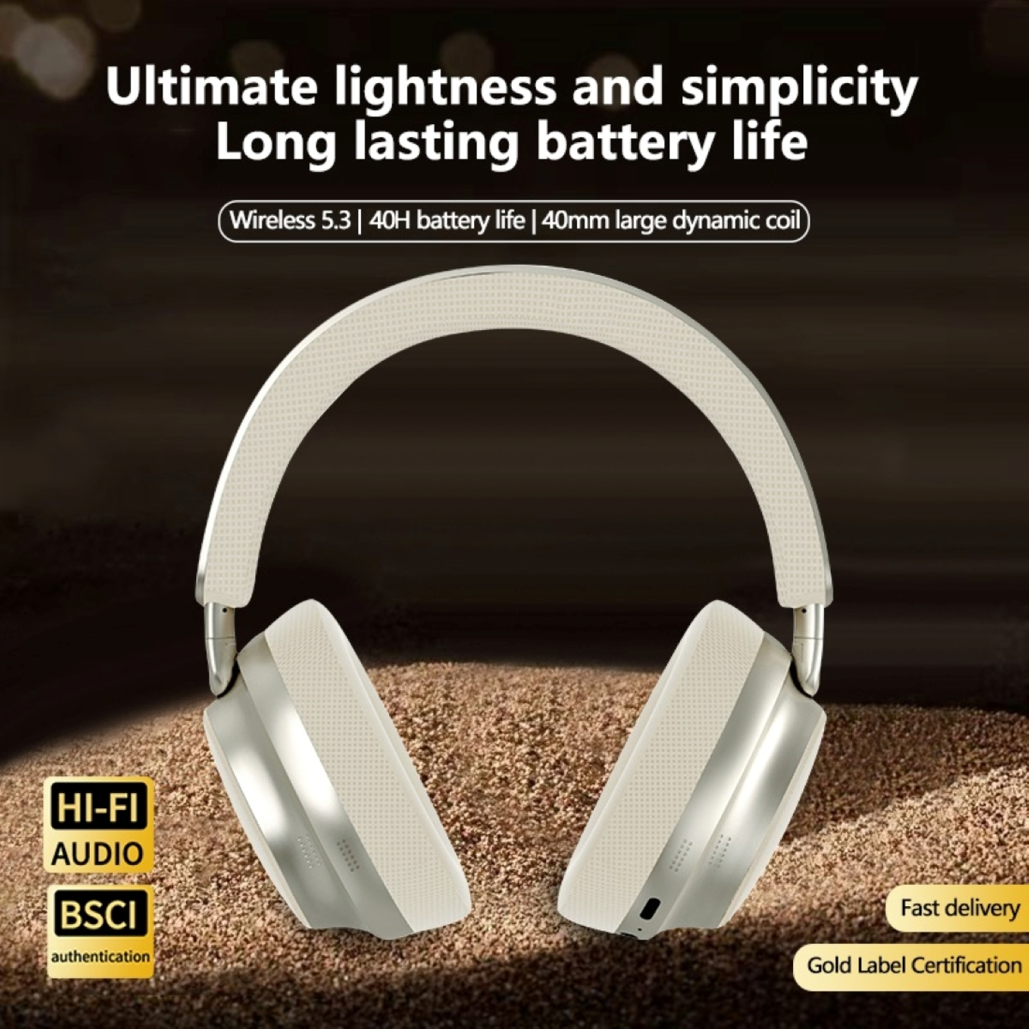 Auriculares blancos con texto que indica larga duración de la batería y audio Hi-Fi. Acentos dorados. Fondo blanco.